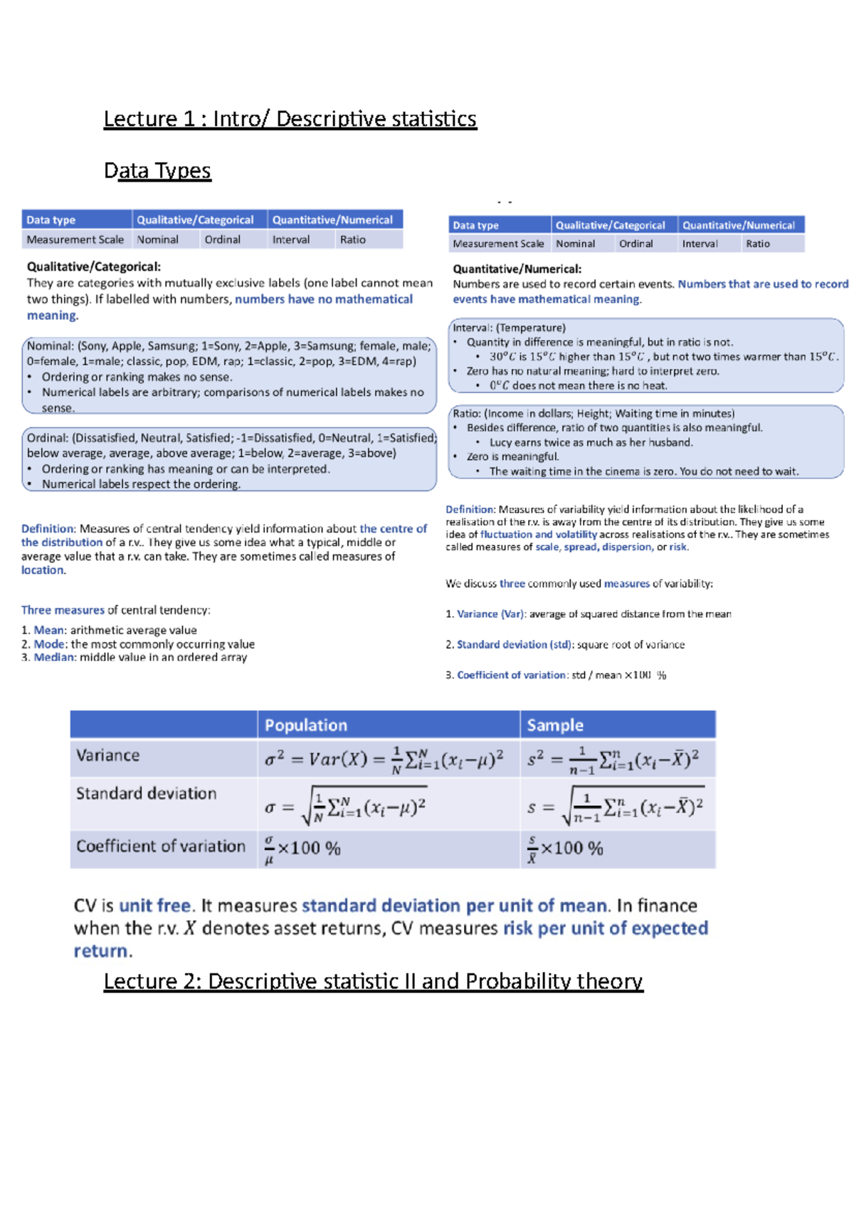 notes for statistics - Lecture 1 : Intro/ Descriptive statistics Data ...