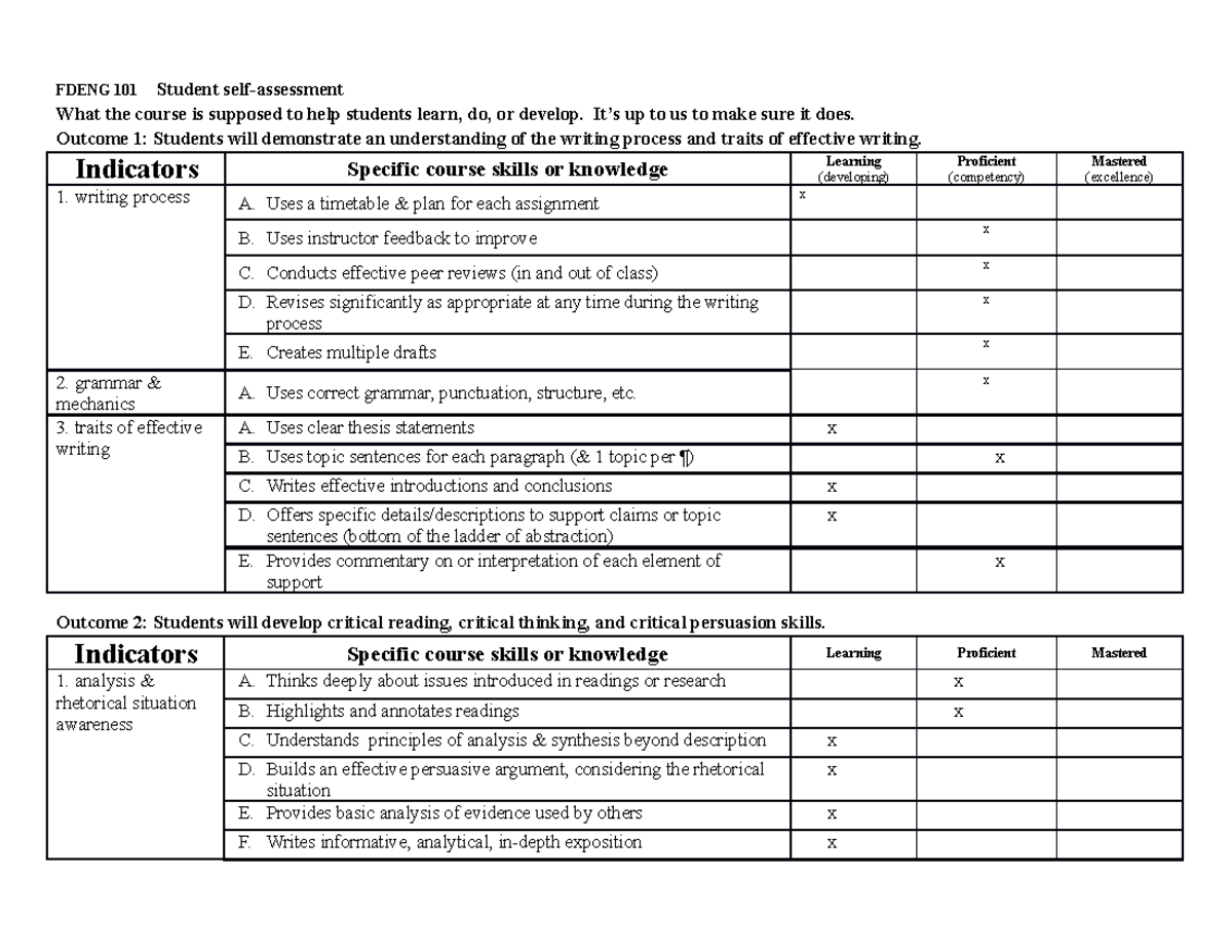 Outcome Assesment - Student self-assessment What the course is supposed ...