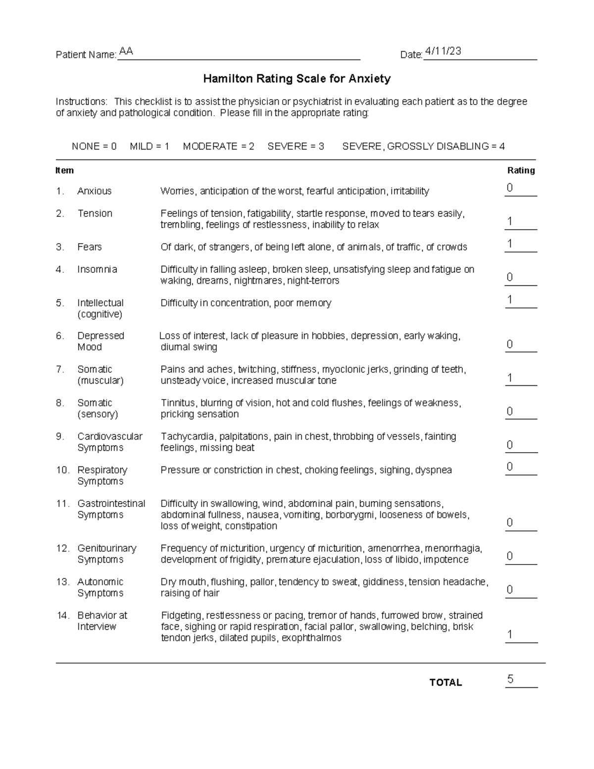 Hamilton anxiety scale, date 4 - Patient Name