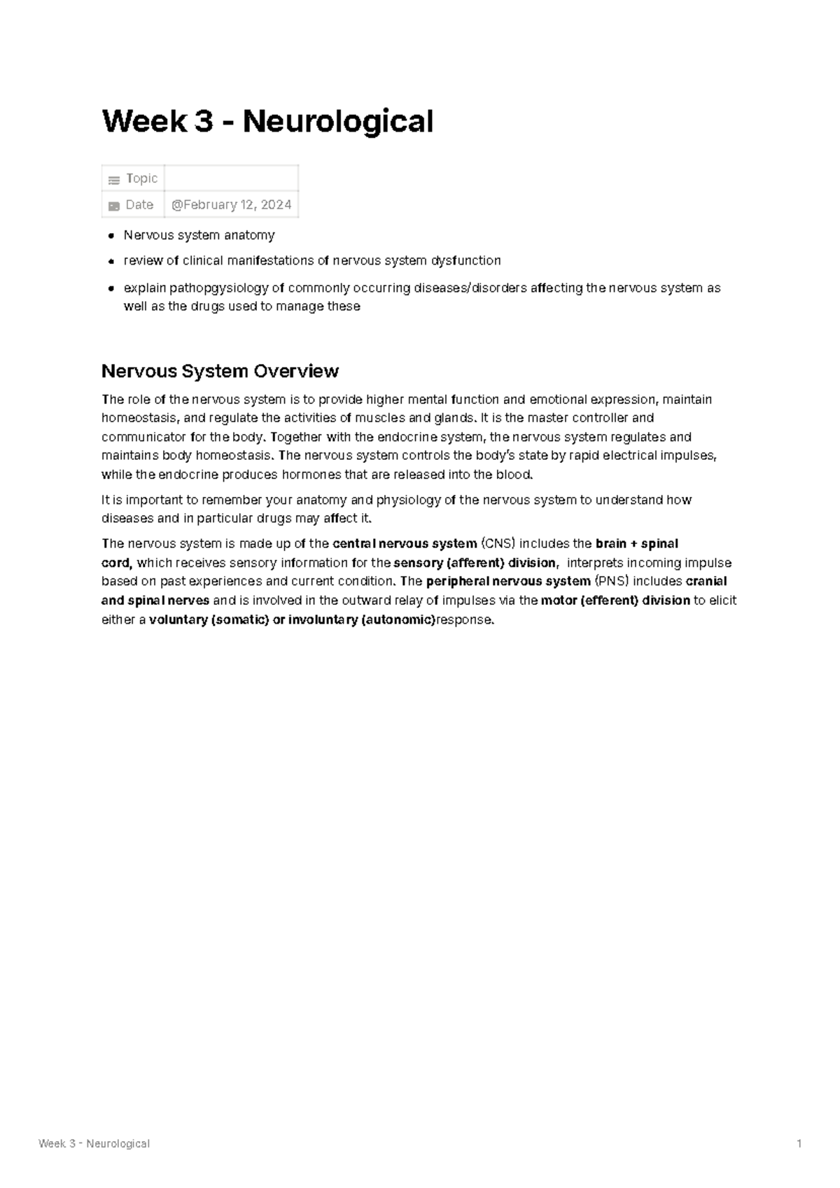 Week 3 - Neurological Overview and Key Concepts - Week 3 - Neurological ...