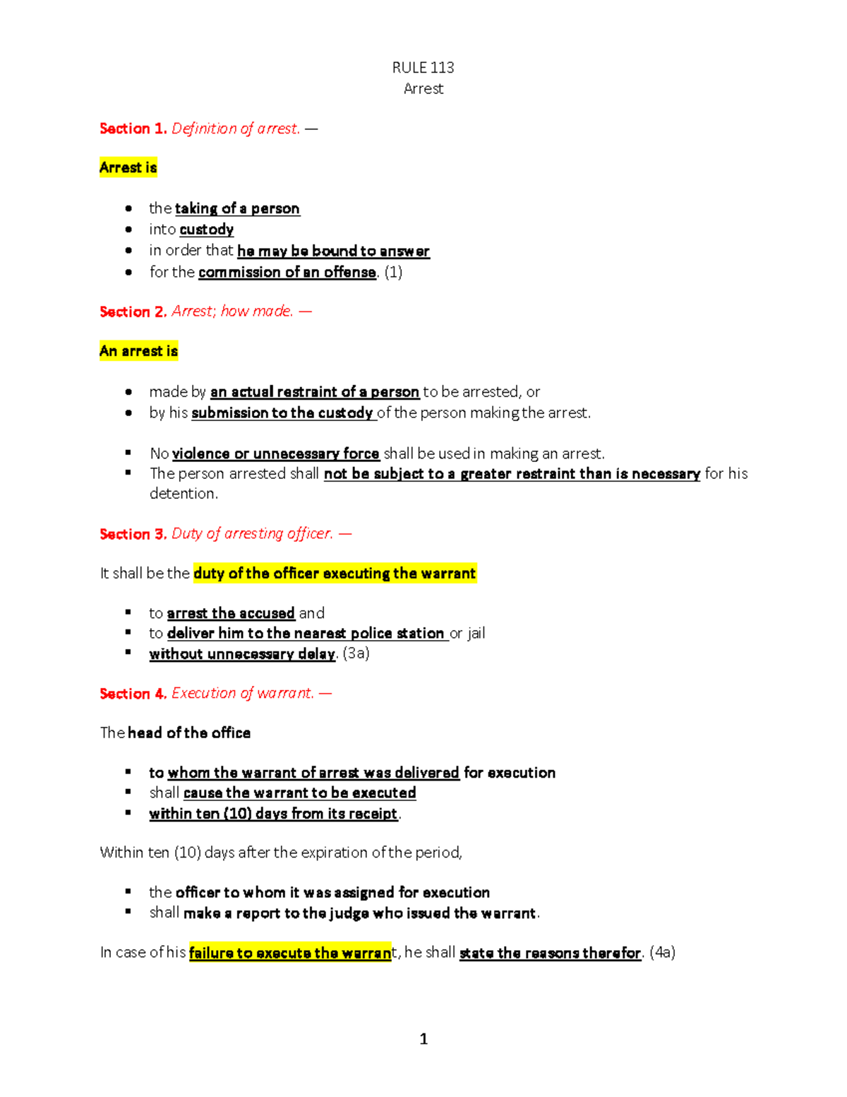 RULE 113 & 126 - Crim Pro - RULE 113 Arrest Section 1. Definition of ...