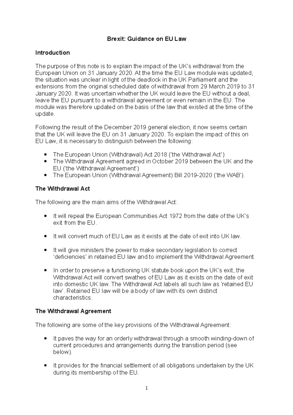 Brexit Briefing Note Jan 2020 - Brexit: Guidance on EU Law Introduction ...