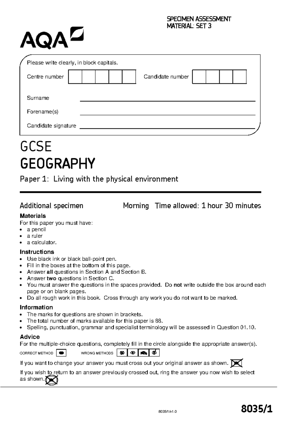 Paper-1-AQA-Exam-paper - 8035/1/v1 8035/ GCSE GEOGRAPHY Paper 1: Living ...