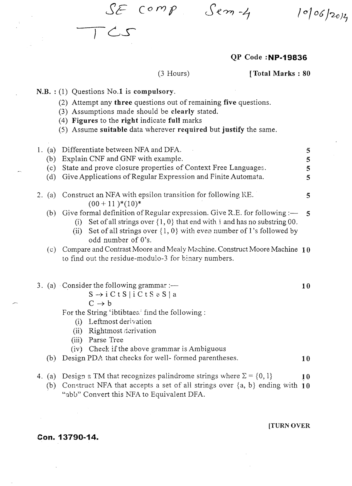 Tcs - past year question paper - Theory Of Computer Science - Studocu