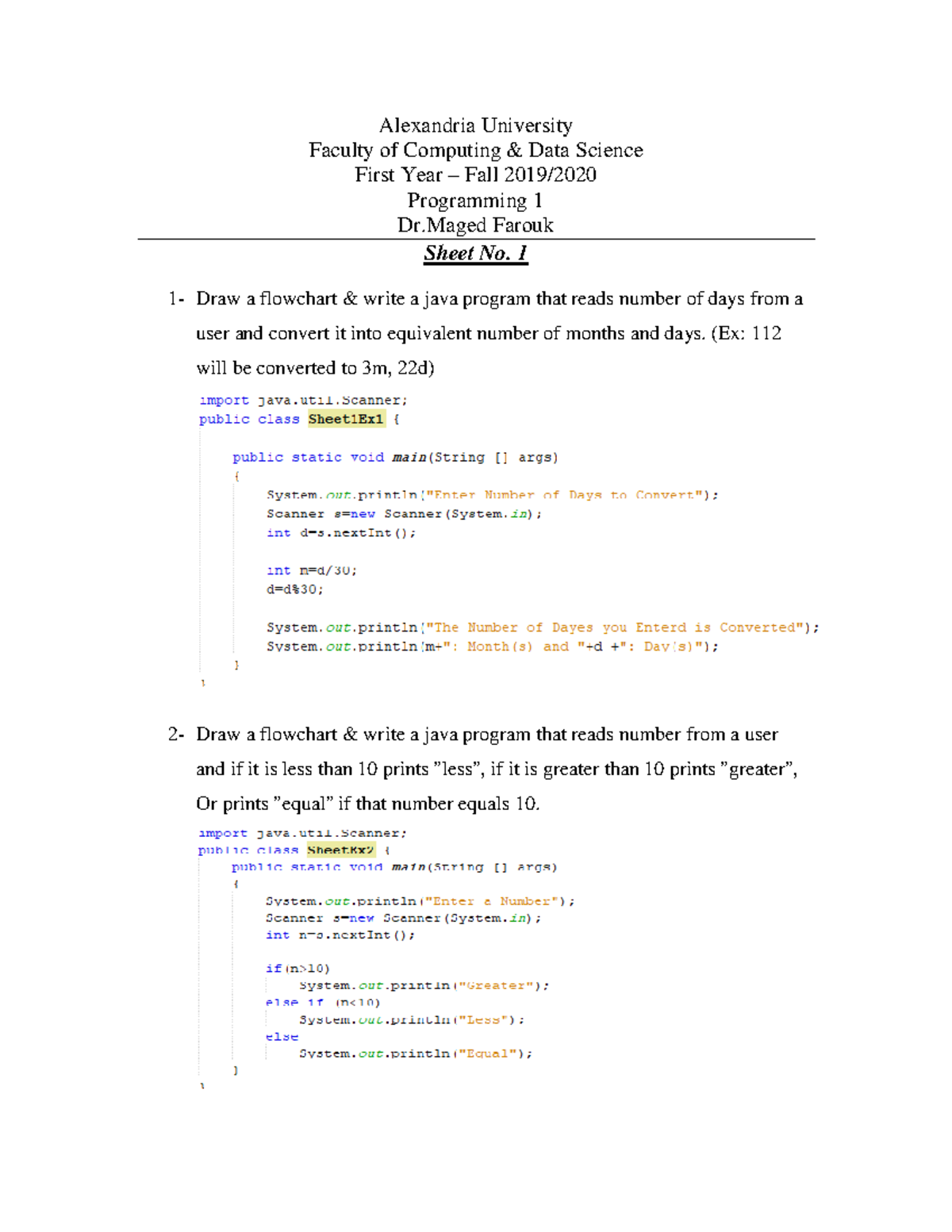 Programming - Sheet 1 - StuDocu