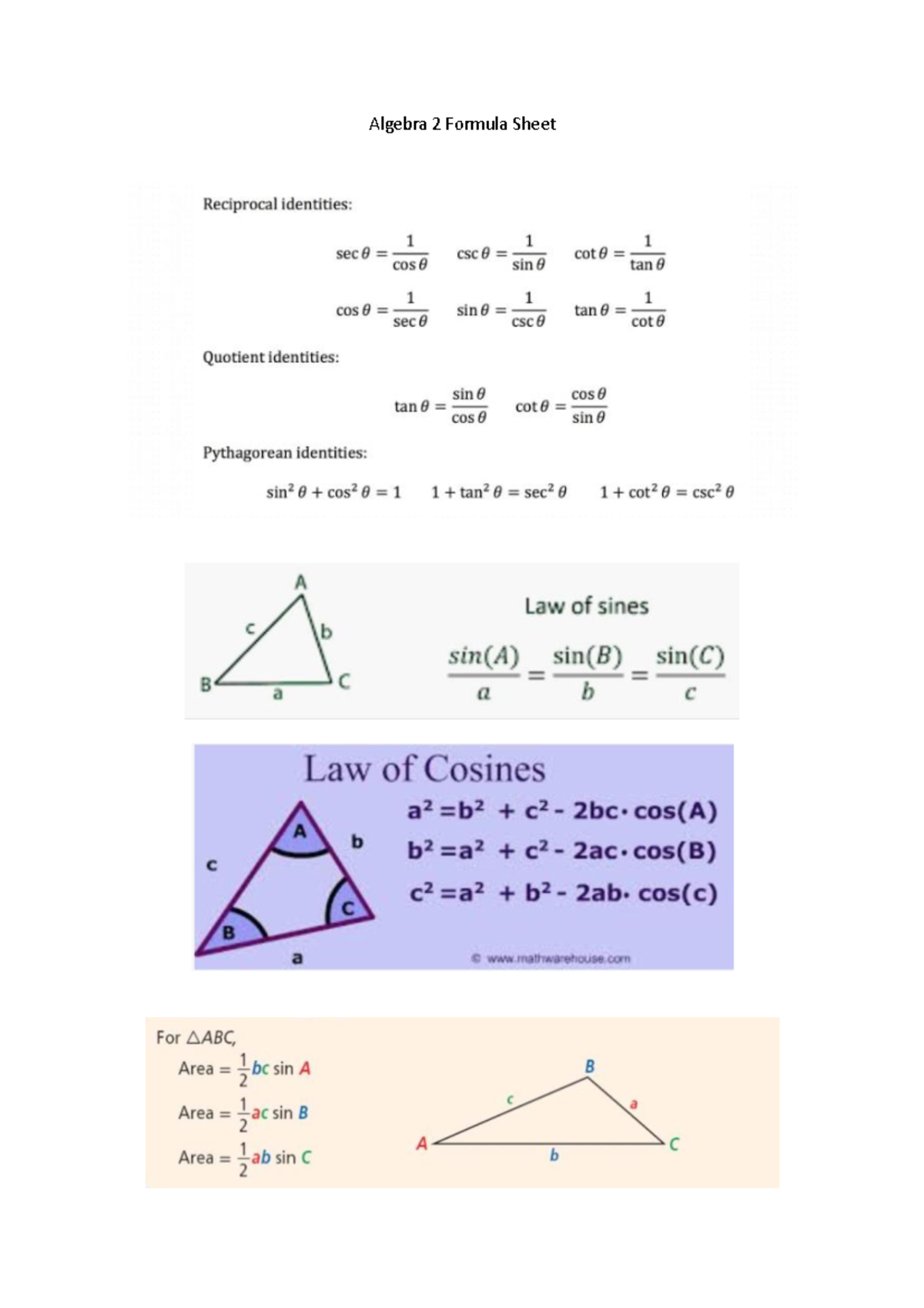 Algebra 2 Formula Sheet - MAT 101 - Algebra 2 Formula Sheet Reciprocal ...