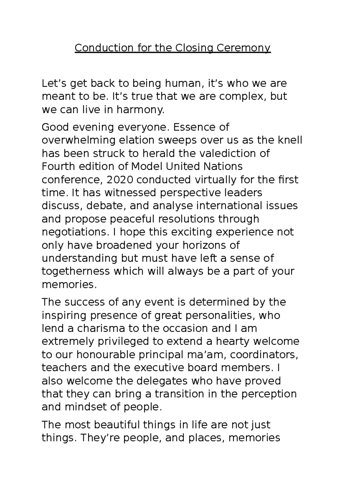 closing ceremony speech format