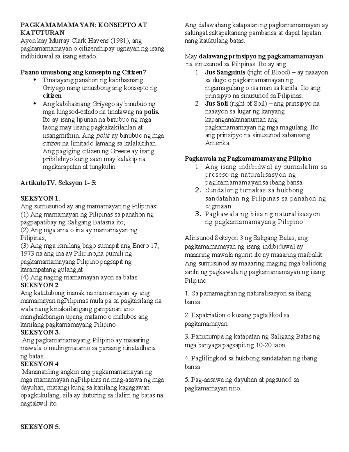 Ap q4 reviewer - review - PAGKAMAMAMAYAN: KONSEPTO AT KATUTURAN Ayon ...