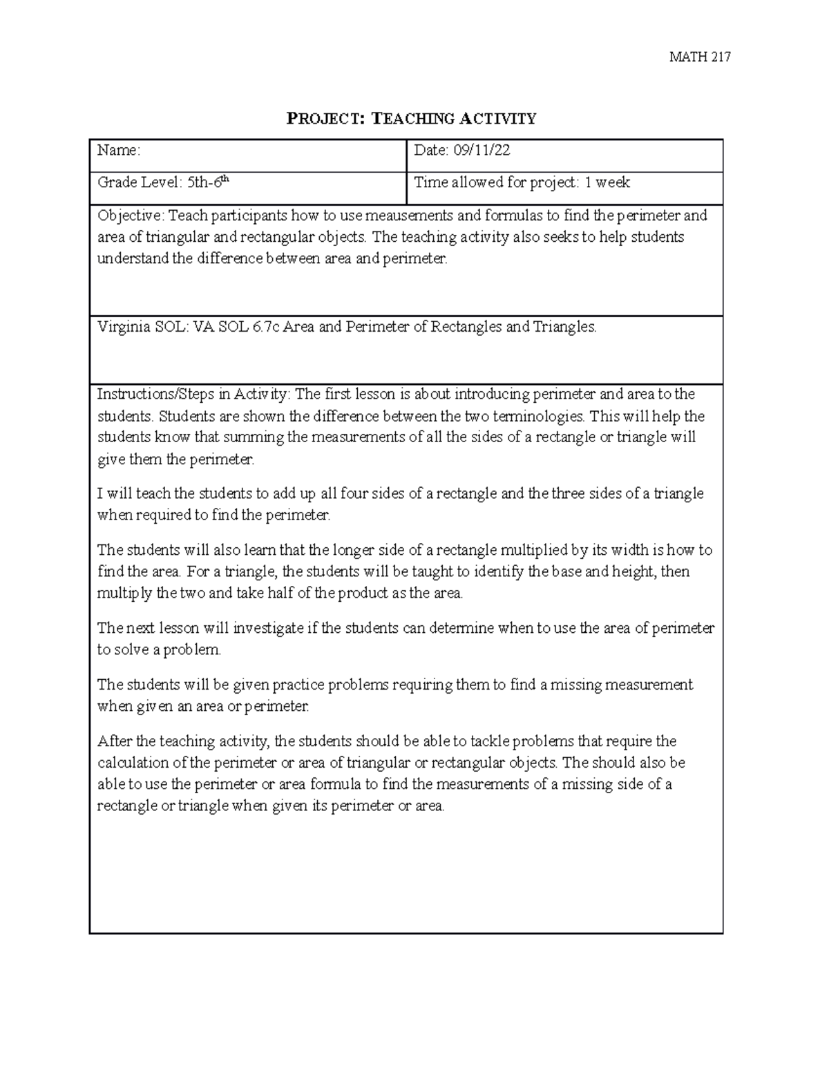 Project Teaching Activity - MATH 217 PROJECT: TEACHING ACTIVITY Name ...