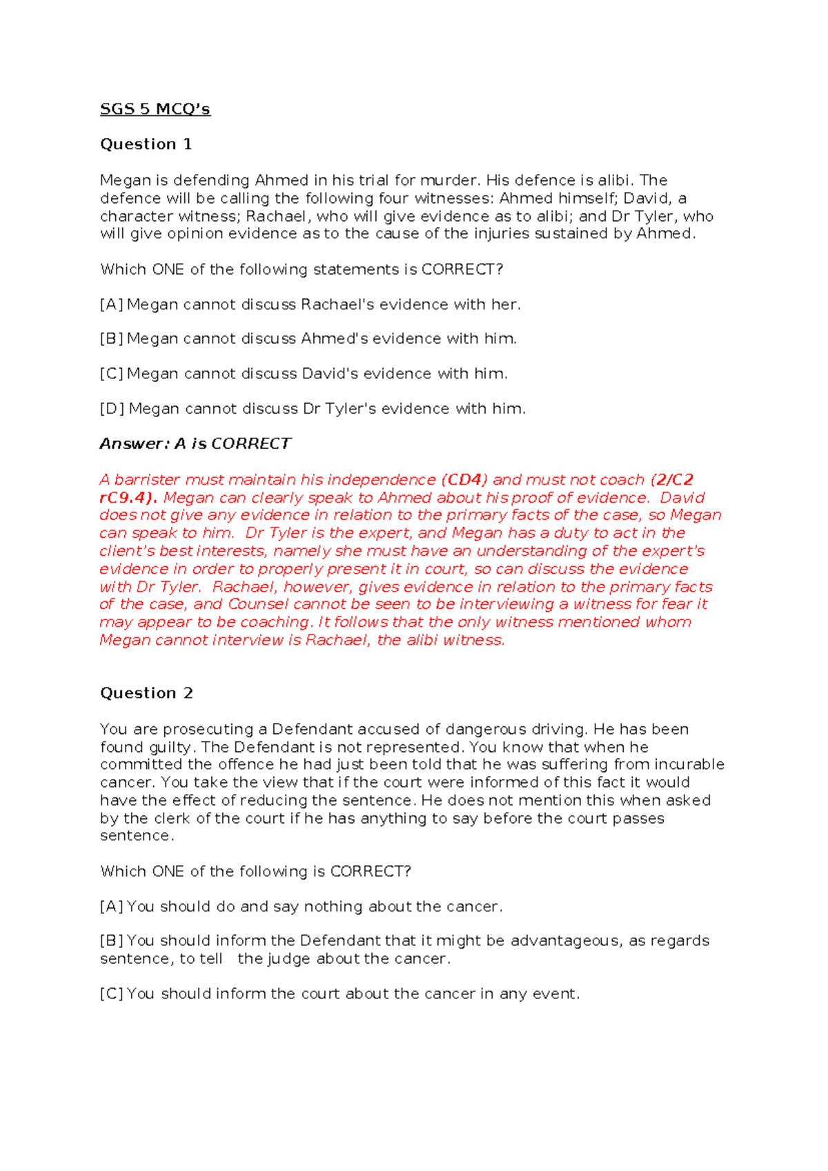 SGS 5 seen and unseen MCQ's - SGS 5 MCQ’s Question 1 Megan is defending ...