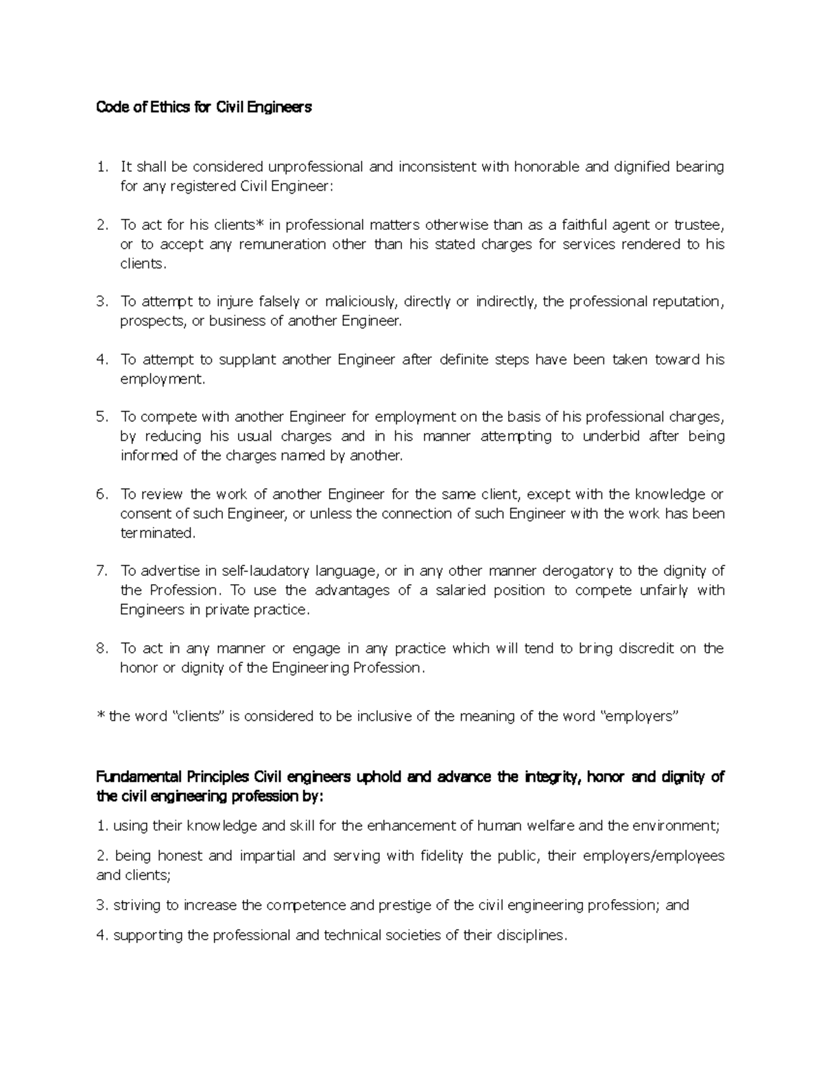CE CODES AND STANDARD - Code of Ethics for Civil Engineers It shall be ...