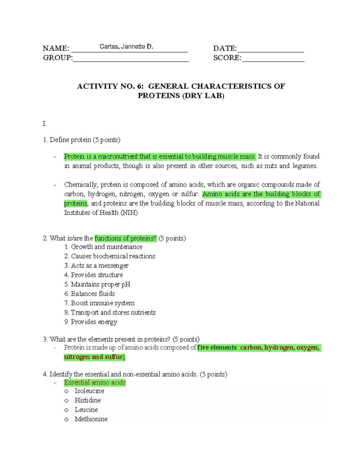 Copy of POST LAB Activity NO. 4 Proteins - NAME ...