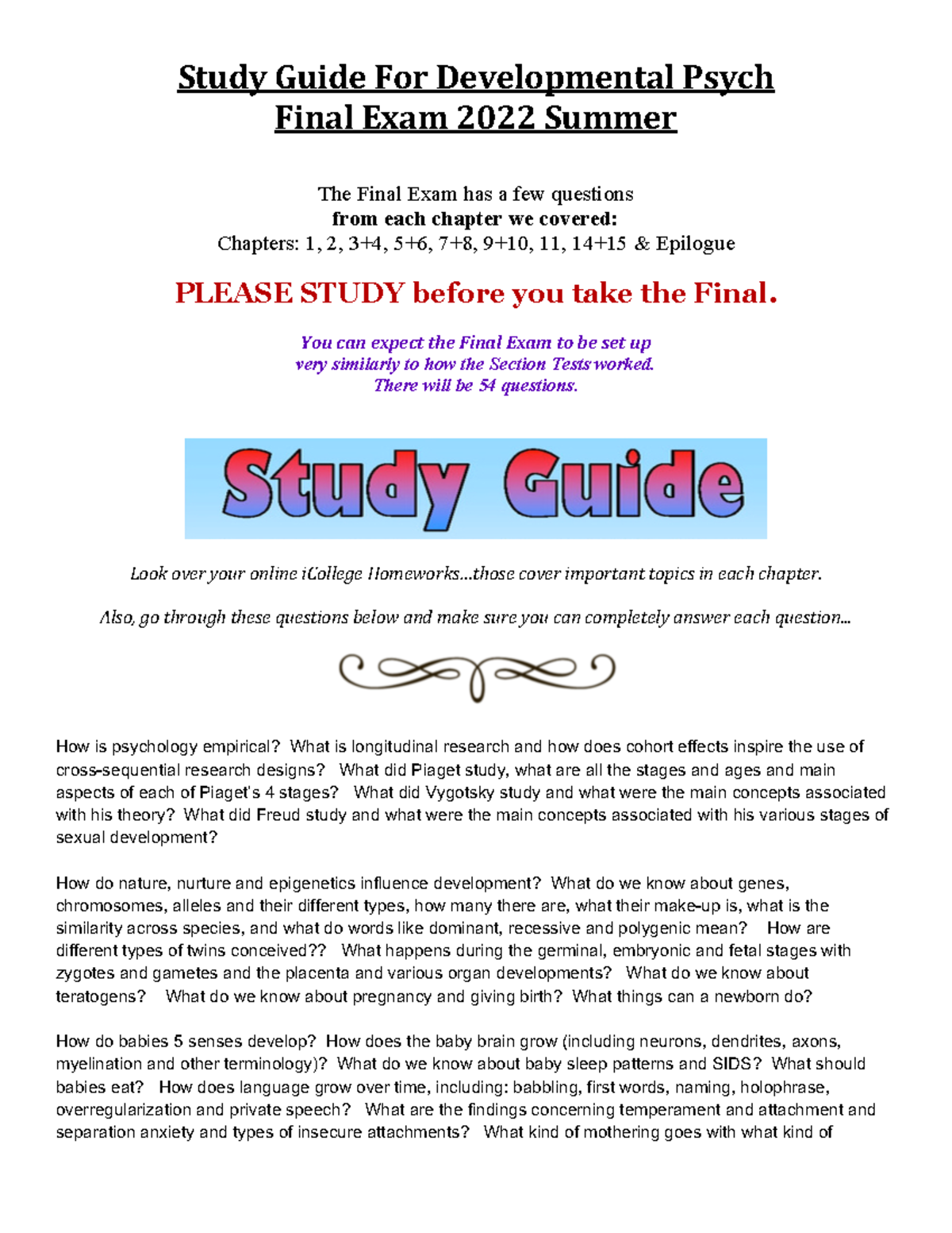 Time for a study guide - Study Guide For Developmental Psych Final Exam ...