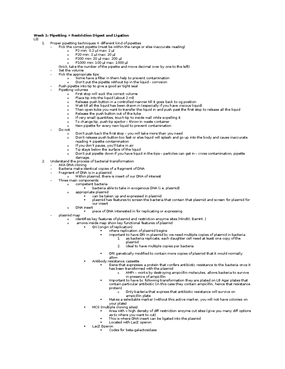 Week 1 Methods - Week 1 - Week 1: Pipetting + Restriction Digest and ...