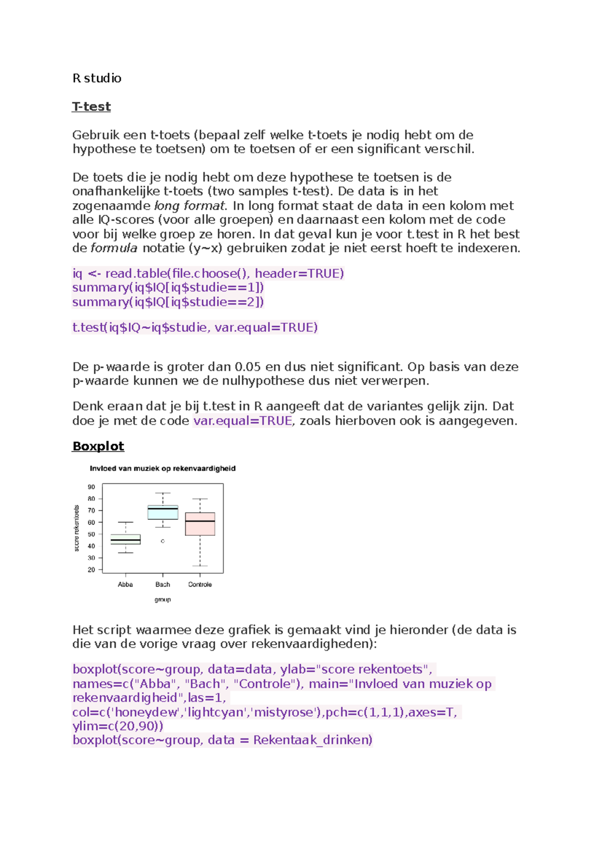 Deeltoets 4, samenvatting R - R studio T-test Gebruik een t-toets ...