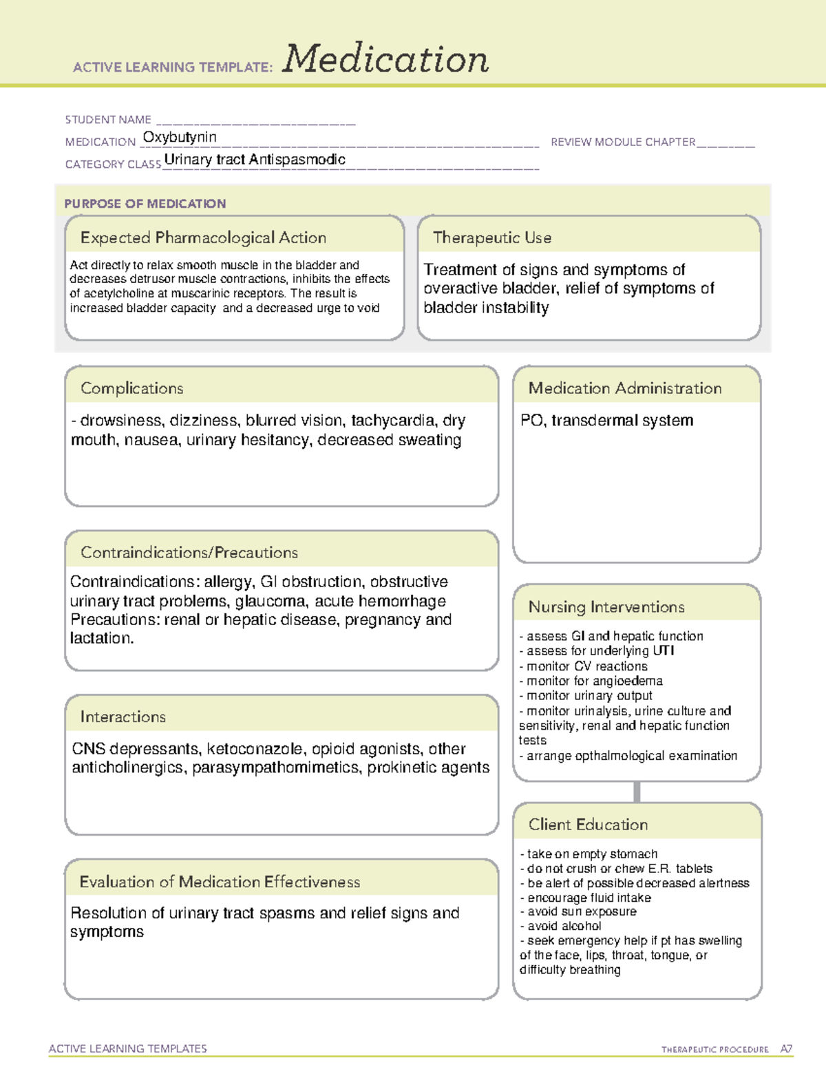 Oxybutunin - Drug template - ACTIVE LEARNING TEMPLATES THERAPEUTIC ...