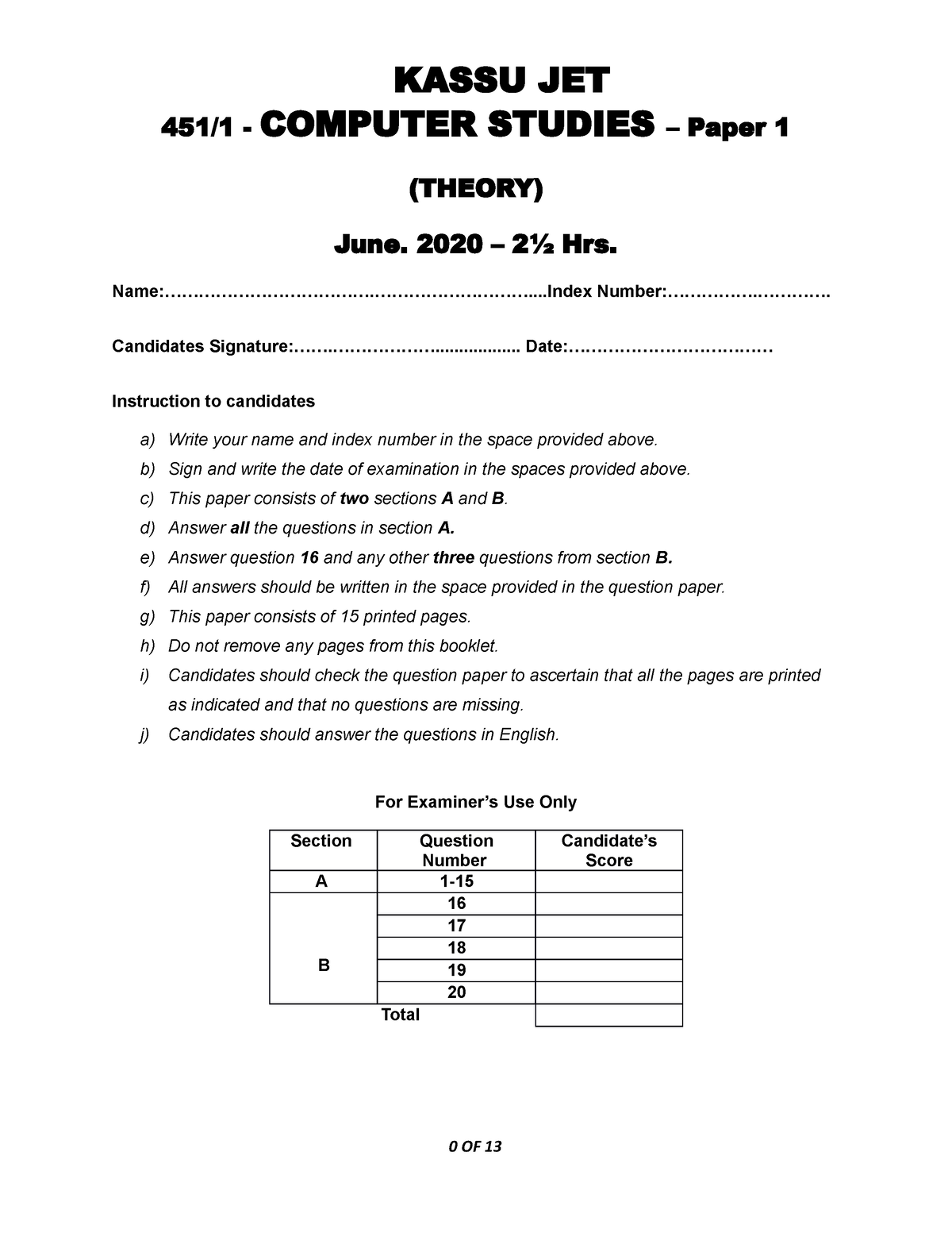 Computer P1 - Good - 451 / 1 - COMPUTER STUDIES – Paper 1 (THEORY) June ...