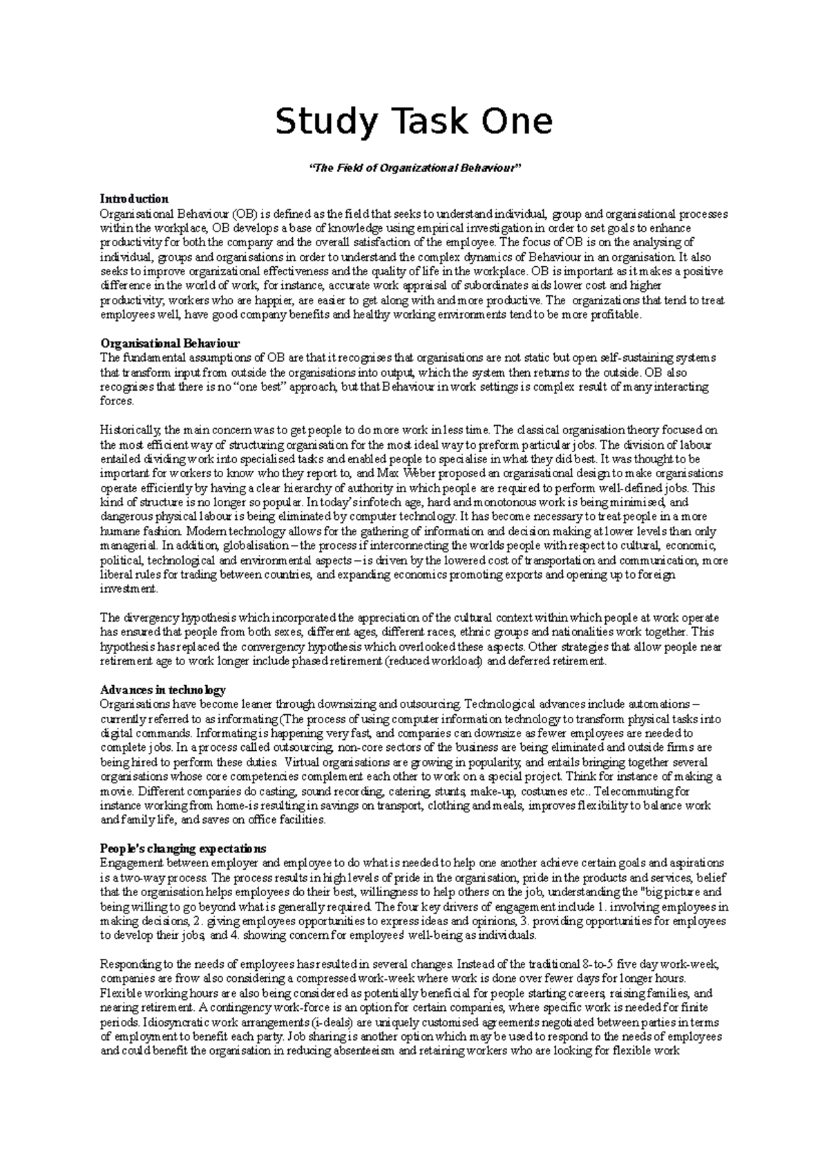 Chapter Summaries + Essays - Study Task One “The Field of ...