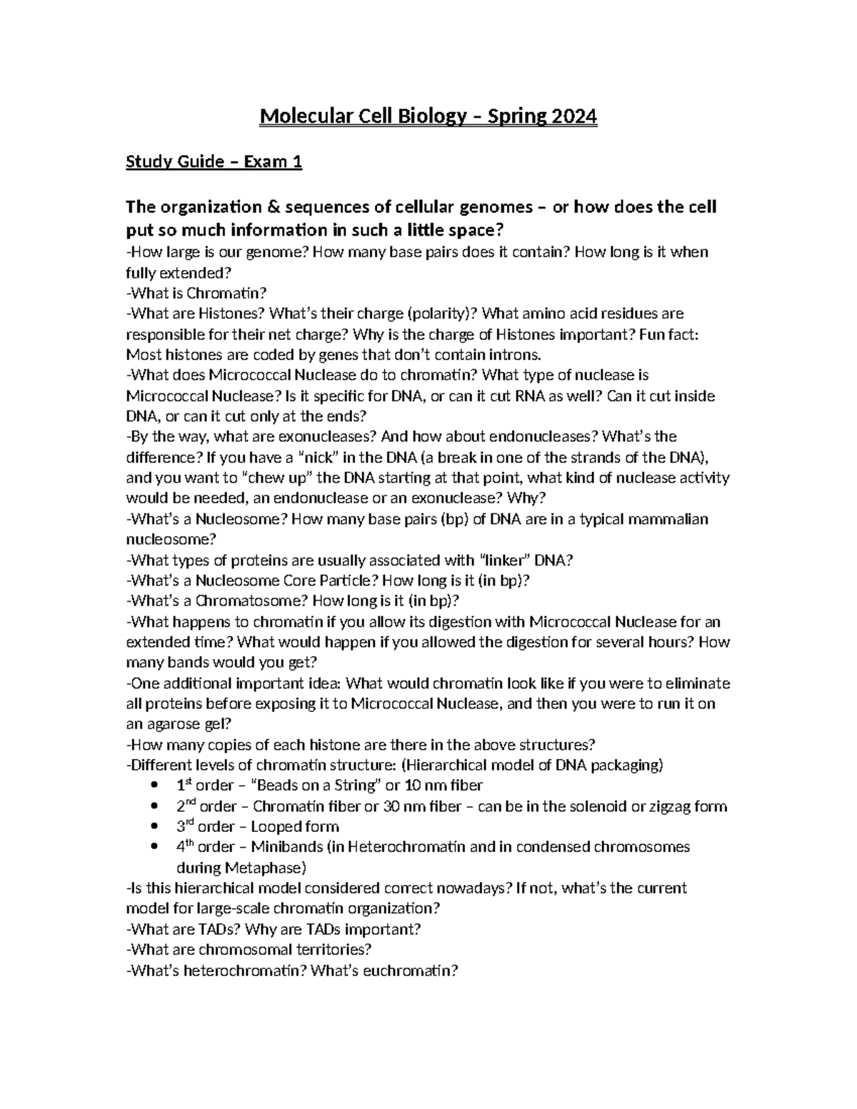 Study guide - Exam 1 - Spring 2024 - Molecular Cell Biology – Spring ...