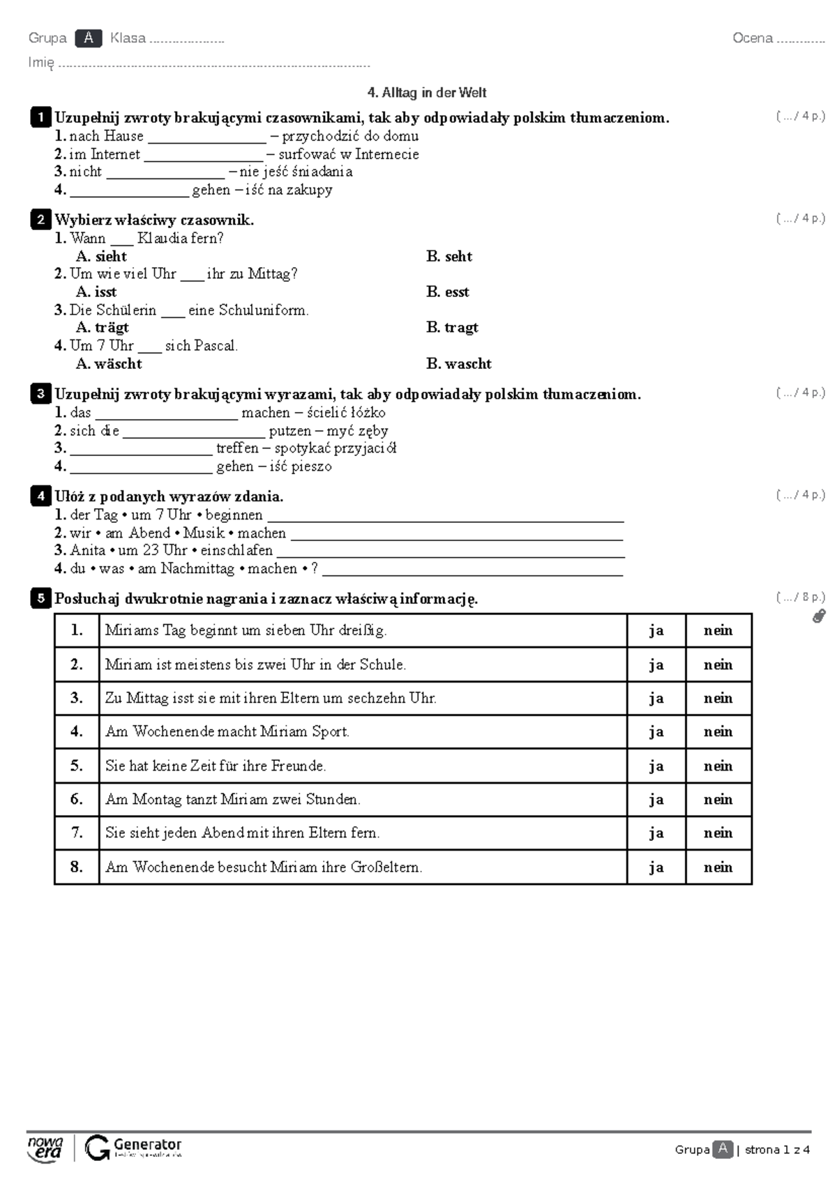 4. Alltag in der Welt Test z widoczna punktacja - Grupa A | strona 1 z ...