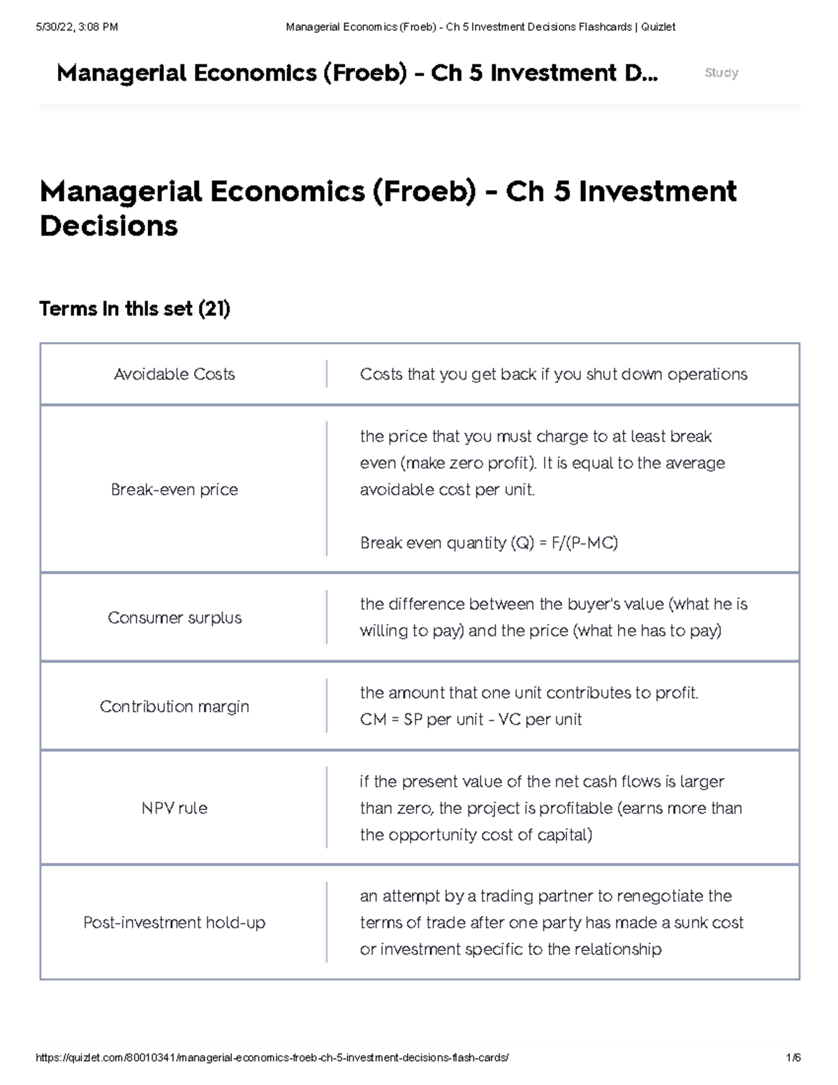 Managerial Economics (Froeb) Ch 5 Investment Decisions Flashcards