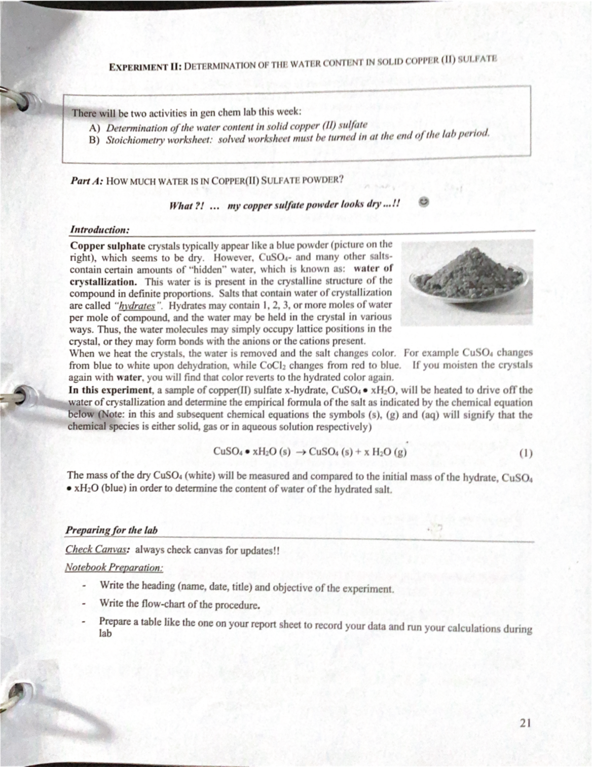 General Chemistry 1 - Lab #2 - EXPERIMENT I: DETERMINATION OF THE WATER ...