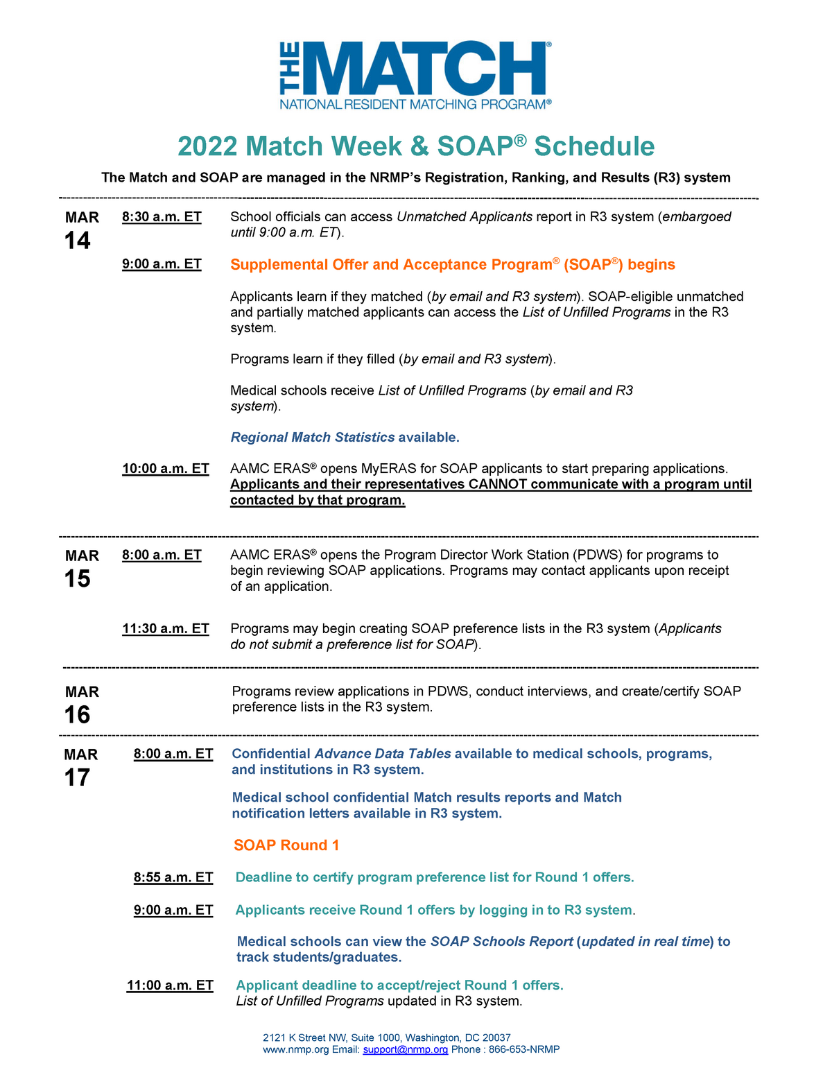 2022 Match Week and SOAP Schedule 2121 K Street NW, Suite 1000