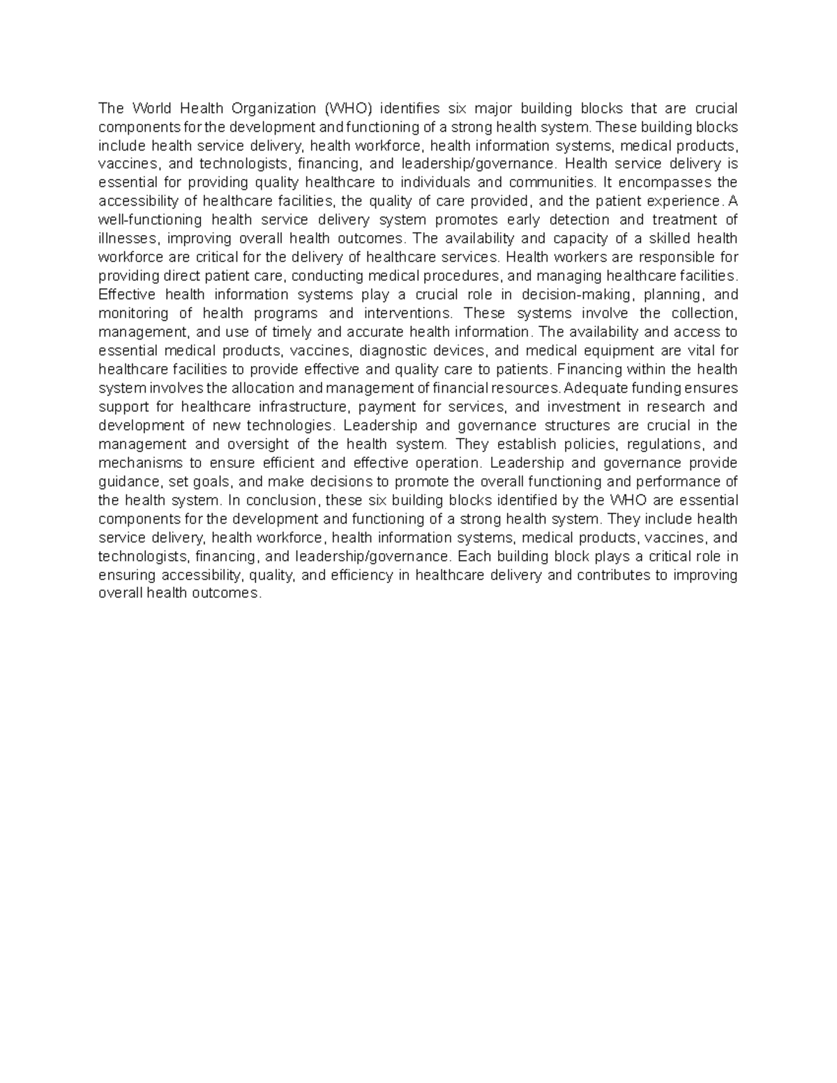 Six Building Blocks of the Health System The World Health