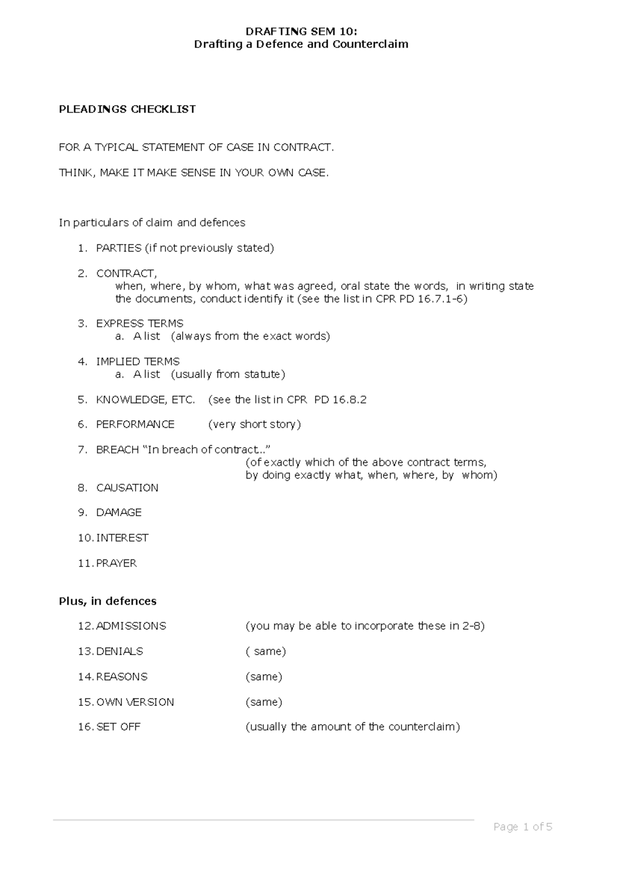 Part B - DR10 Pleadings Checklist Doc - Drafting A Defence And ...