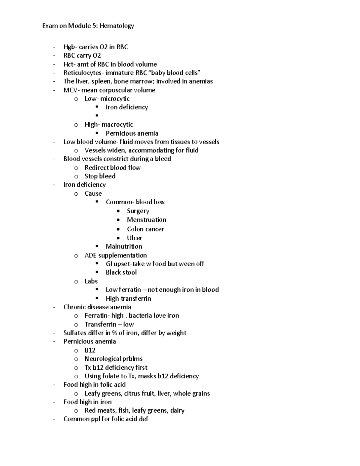 NURS280 Exam 3 Study Guide - Exam on Module 5: Hematology Hgb- carries ...