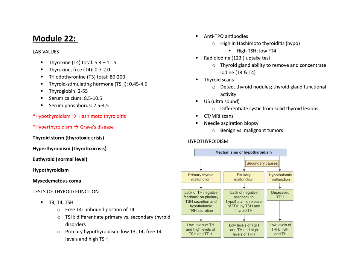 Module 22 Notes - Module 22: LAB VALUES Thyroxine (T4) total: 5 – 11 ...