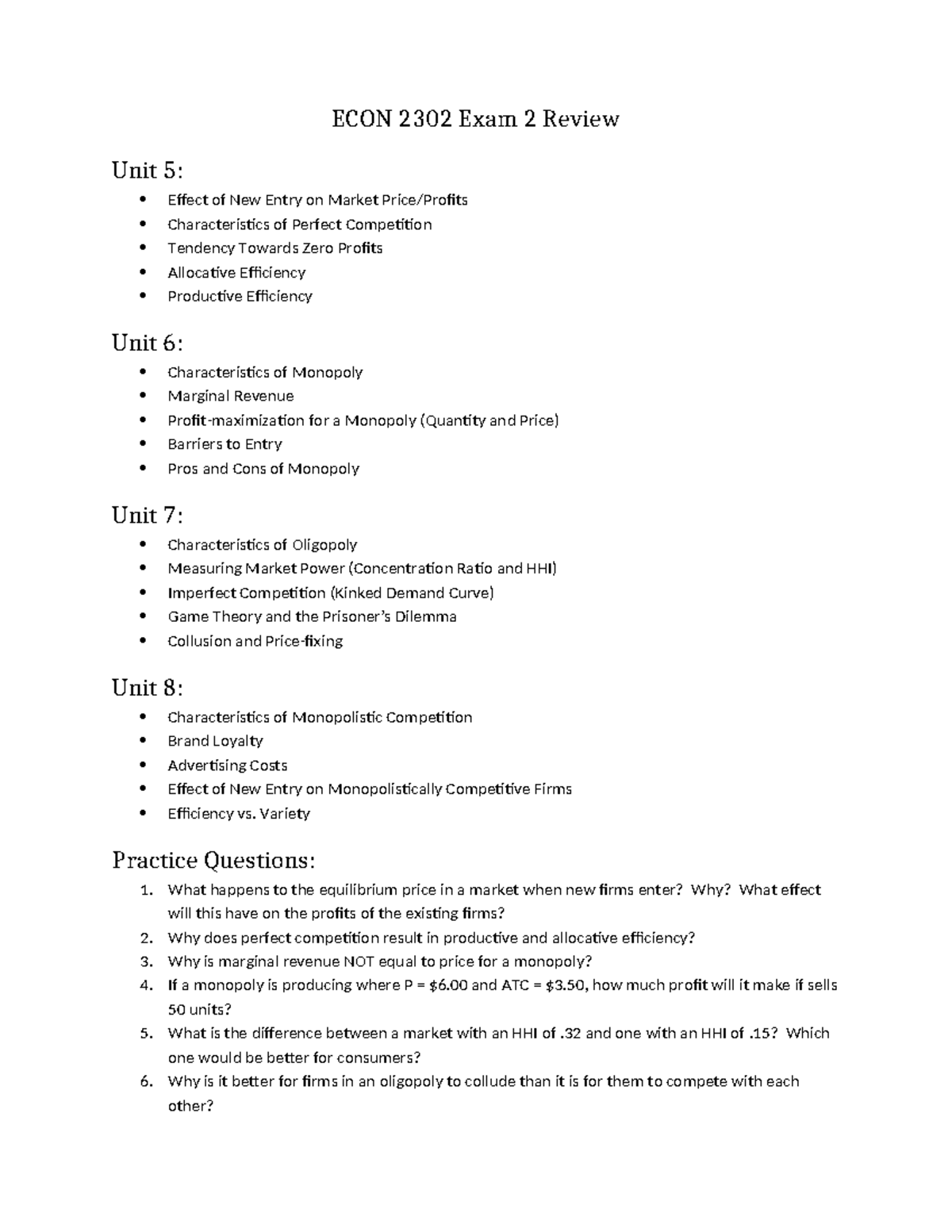 2302 Exam 2 Review - ECON 2302 Exam 2 Review Unit 5: Effect of New ...