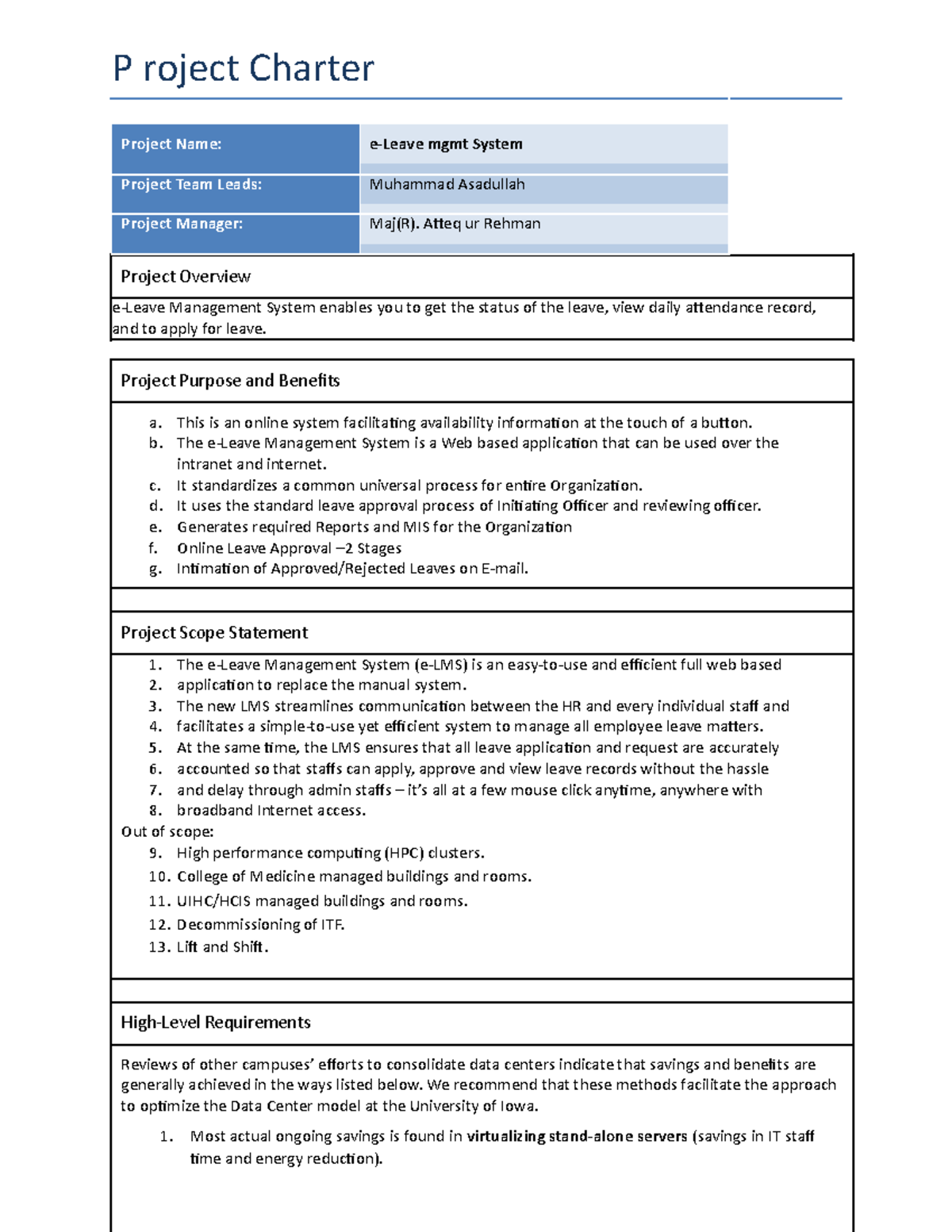 Project Charter - P roject Charter Project Name: e-Leave mgmt System ...