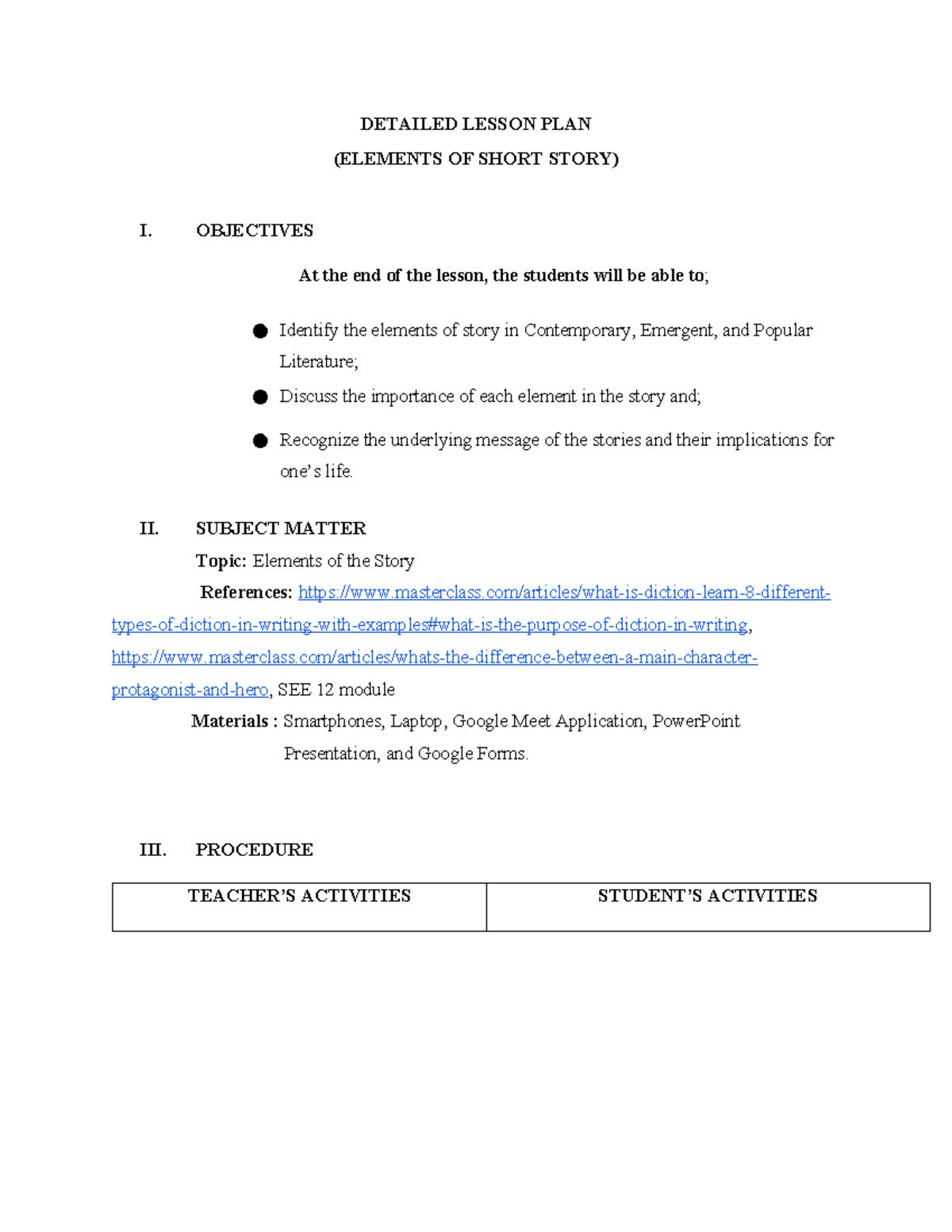 Detailed Lesson PLAN ( Elements OF Short Story) - DETAILED LESSON PLAN ...