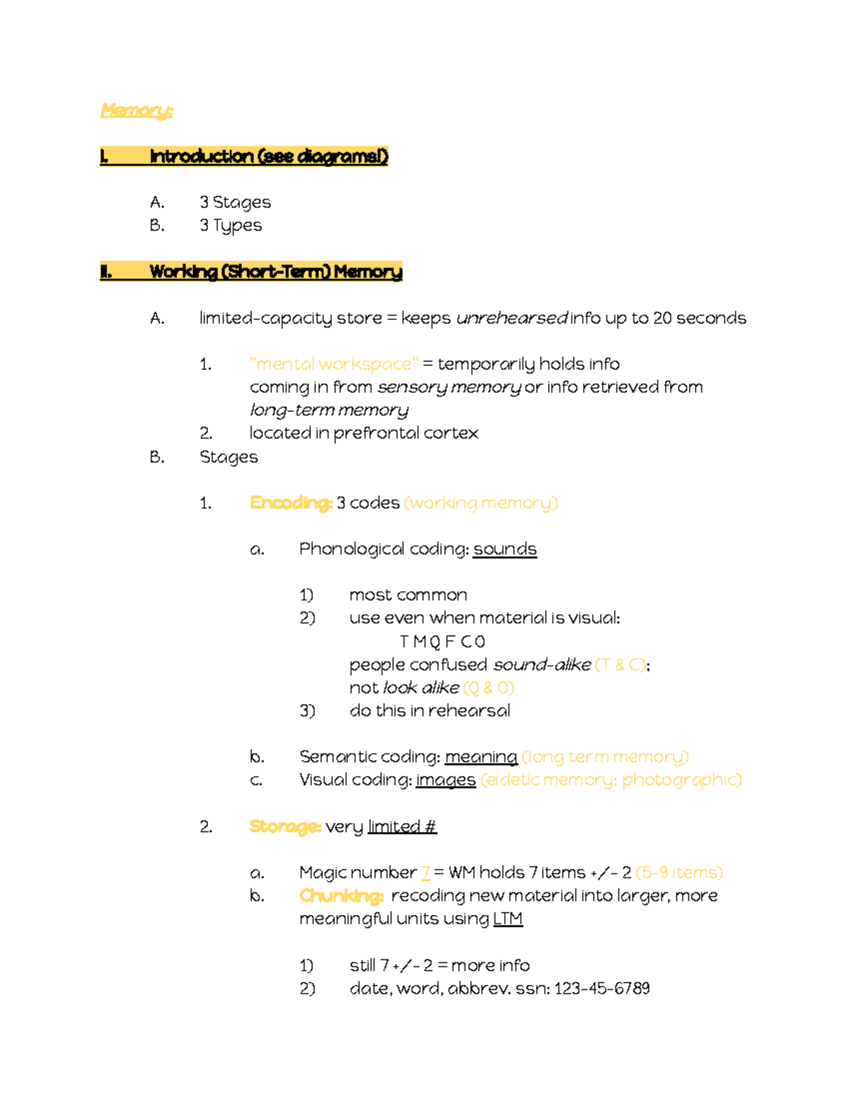 Memory - complete lecture - Memory: I. Introduction (see diagrams!) A ...