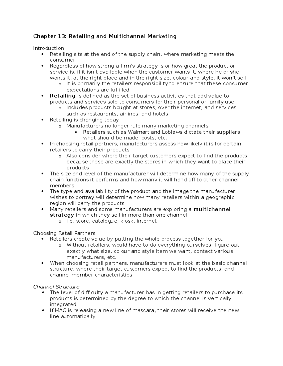 2320 chapter 13 - Lecture notes 13 - Chapter 13: Retailing and ...