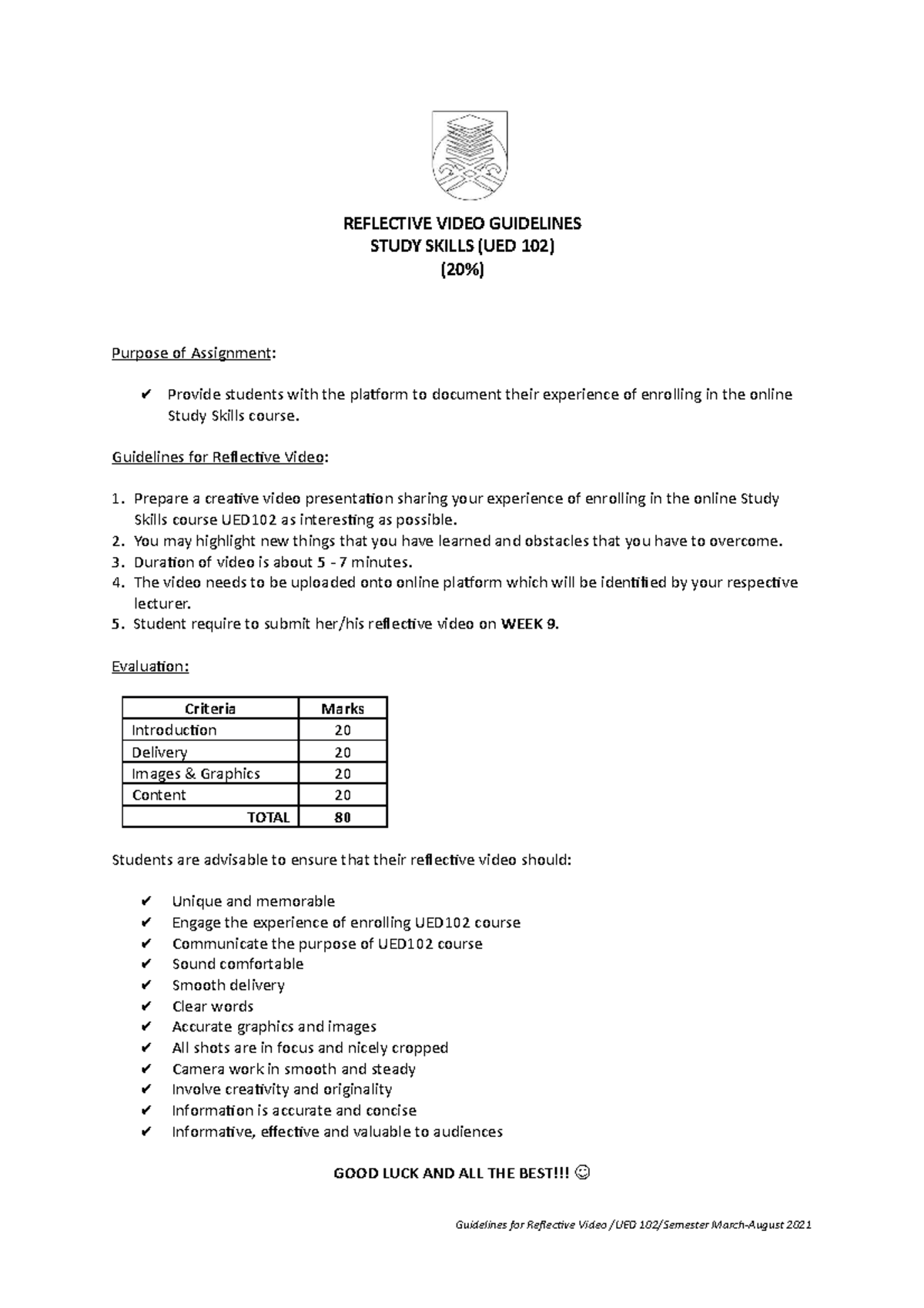 Guidelines FOR Reflective Video - REFLECTIVE VIDEO GUIDELINES STUDY ...