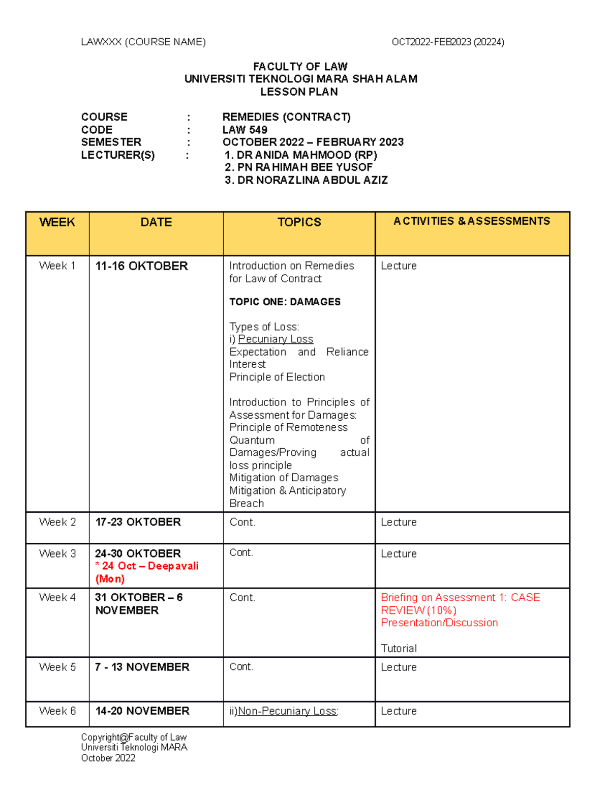 LAW549 Remedies Contract Lesson PLAN FOR SEM OCT 2022 FEB 2023