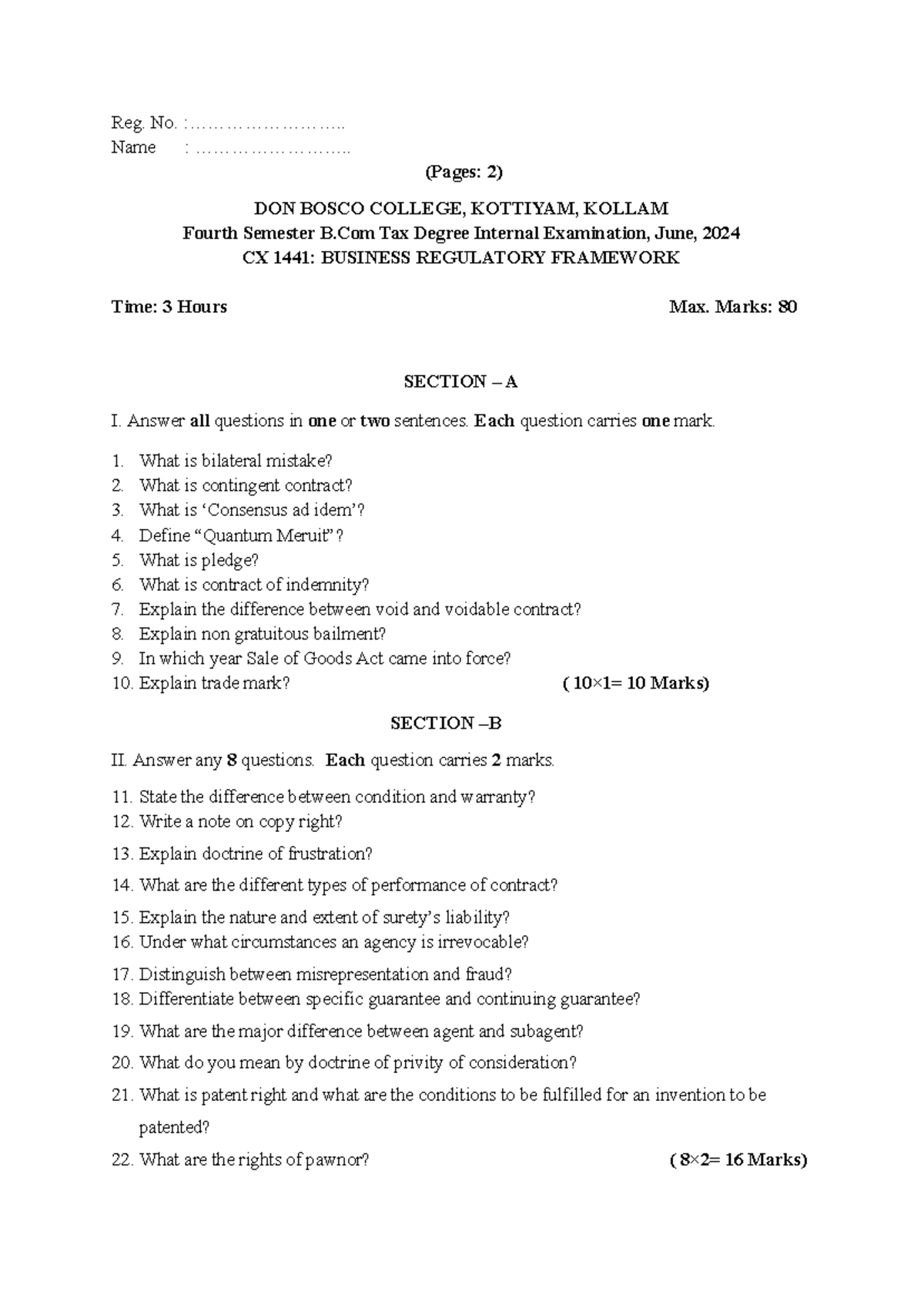 BRF internal questions - Reg. No. :.......................... Name