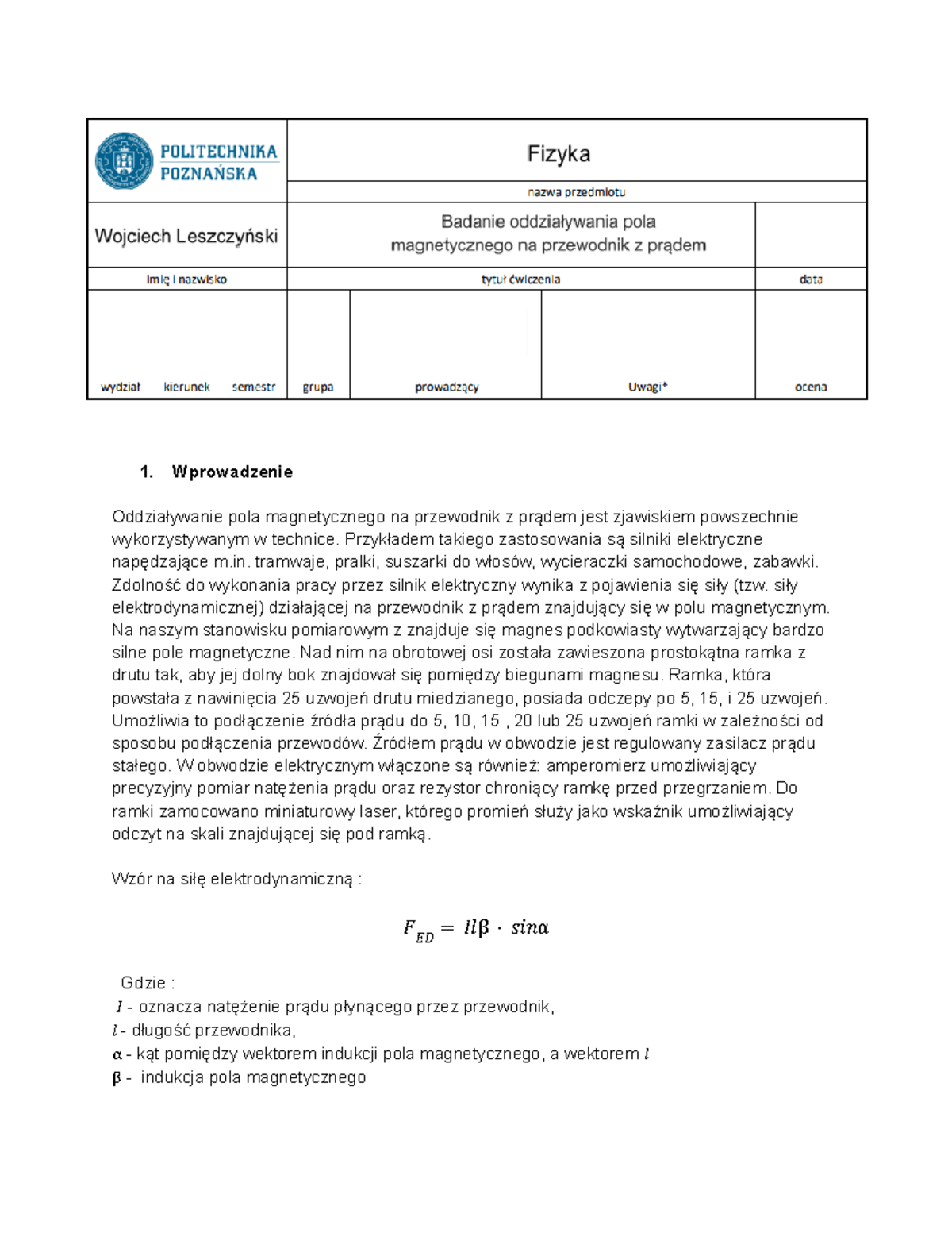 204fizyka - Purrr - 1. Wprowadzenie Oddziaływanie Pola Magnetycznego Na ...