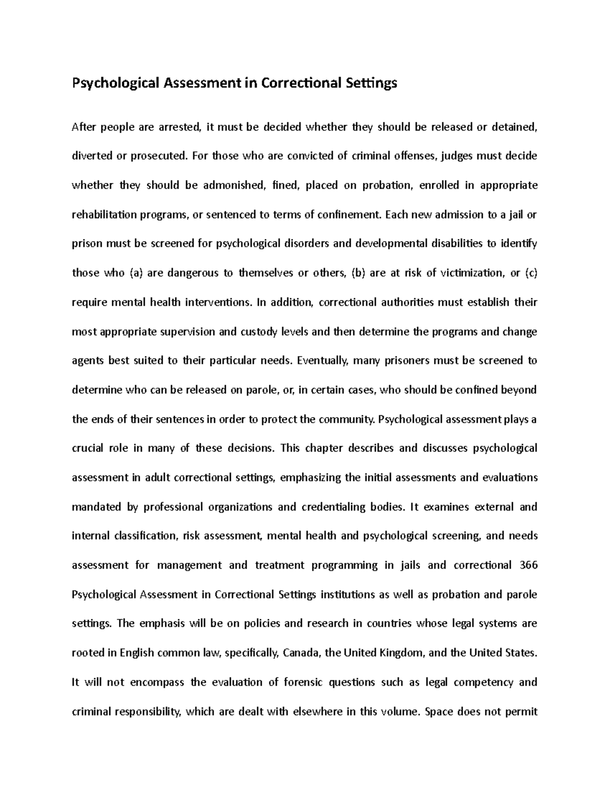 Psychological Assessment in Correctional Settings For those who are