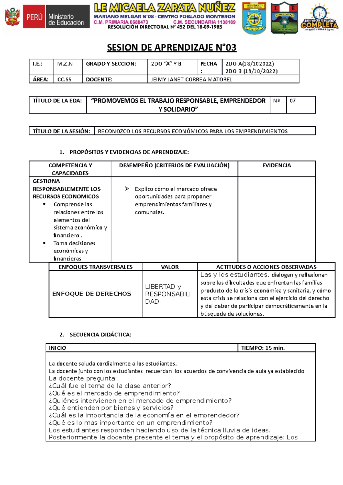 Sesion DE Aprendizaje N°03 2do - SESION DE APRENDIZAJE N° I.: M.Z GRADO ...