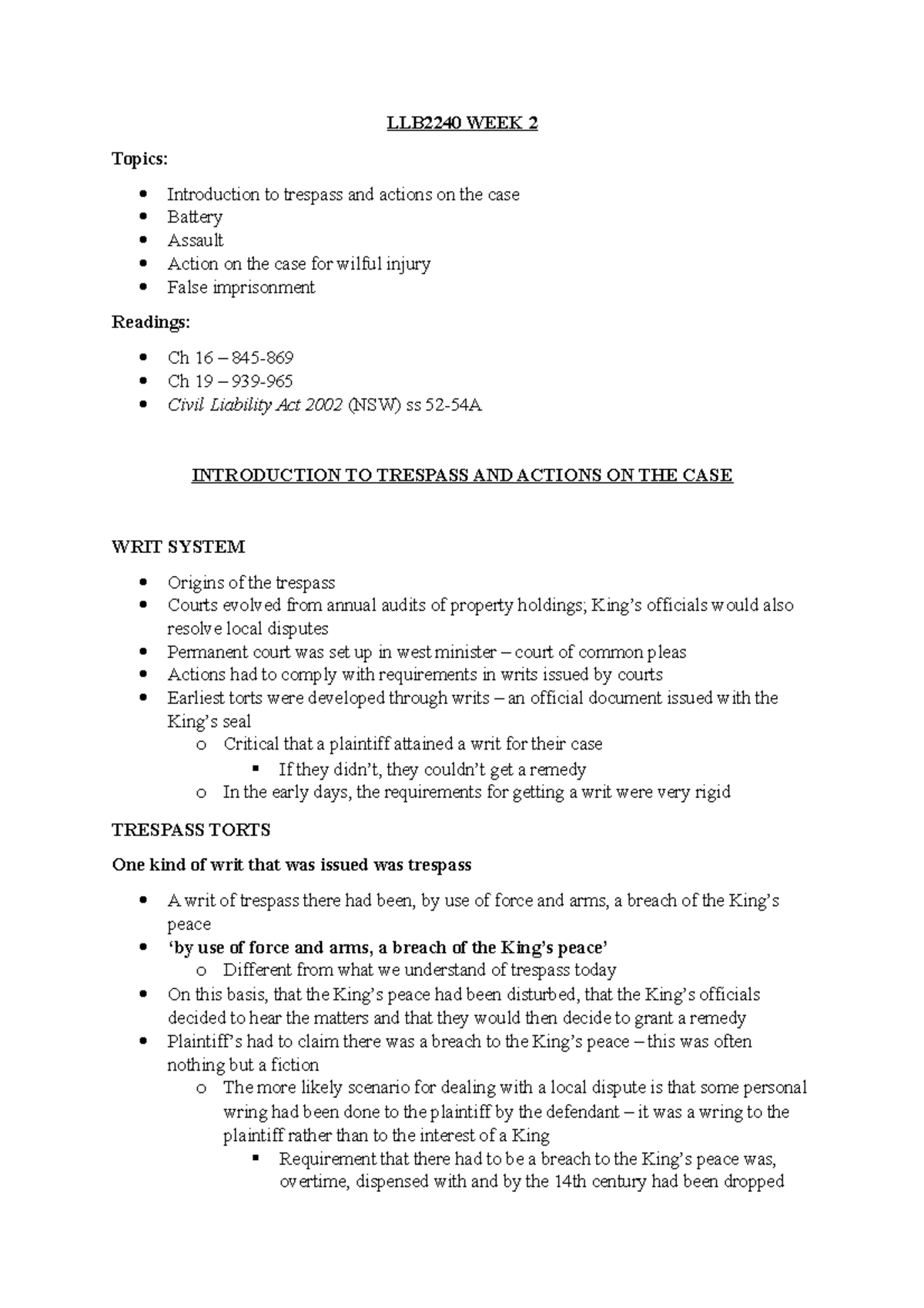 WEEK 2 - Trespass and case + Battery + Assault + Action on the case for ...