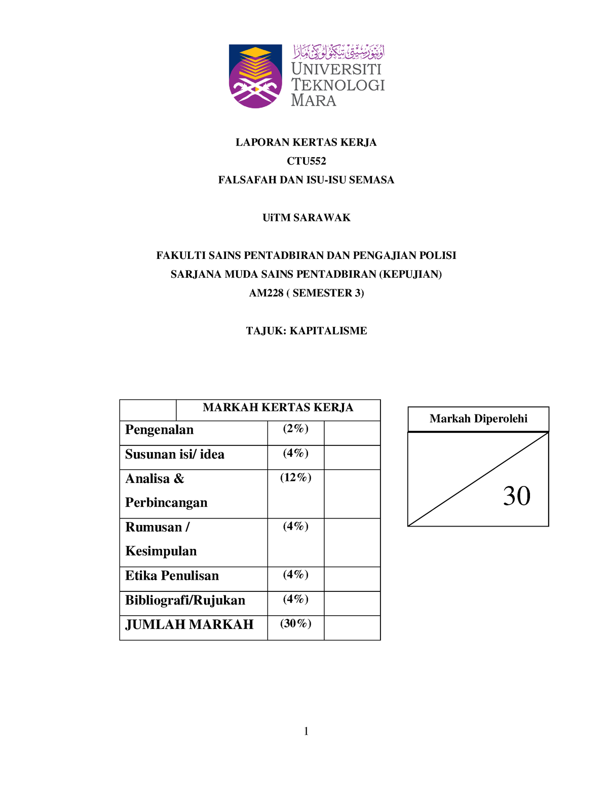 Full Report CTU552 Kapitalisme - LAPORAN KERTAS KERJA CTU FALSAFAH DAN ...