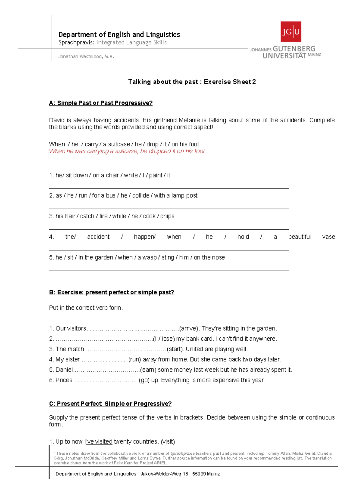 Past Tense Exercise Sheet 2 - Integrated Language Skills - 05.866 
