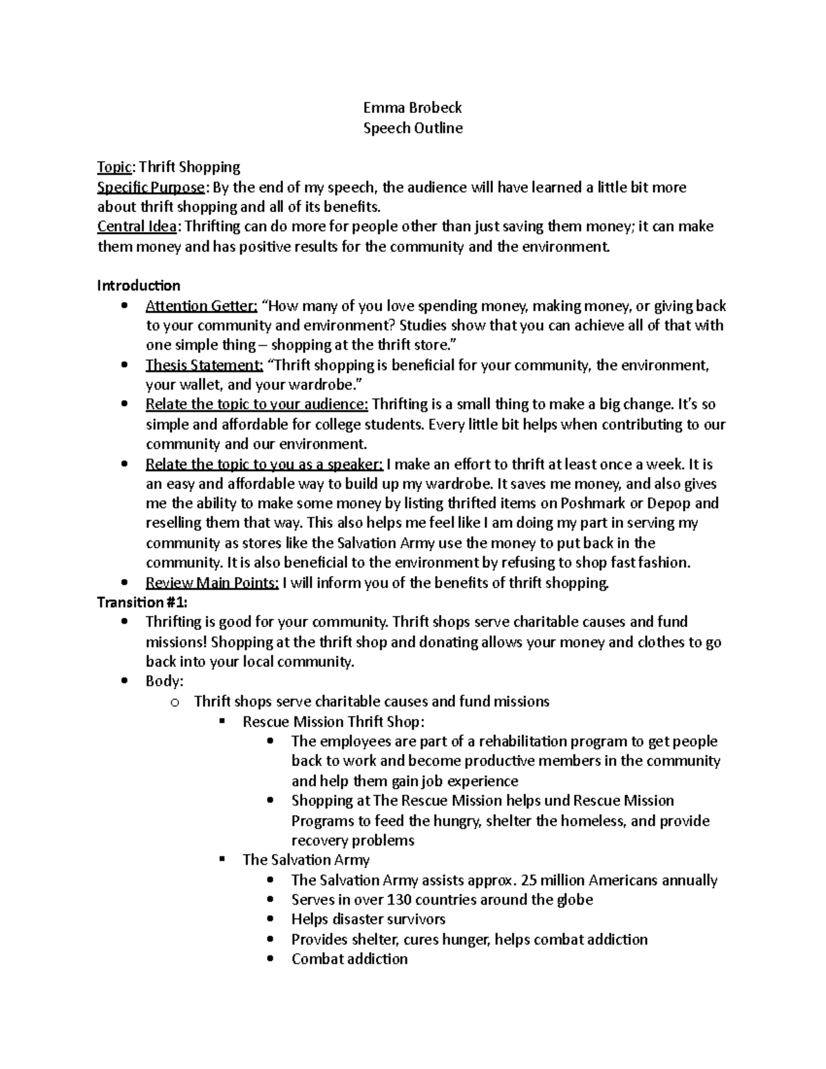 Informative Speech Outline - Emma Brobeck Speech Outline Topic: Thrift ...