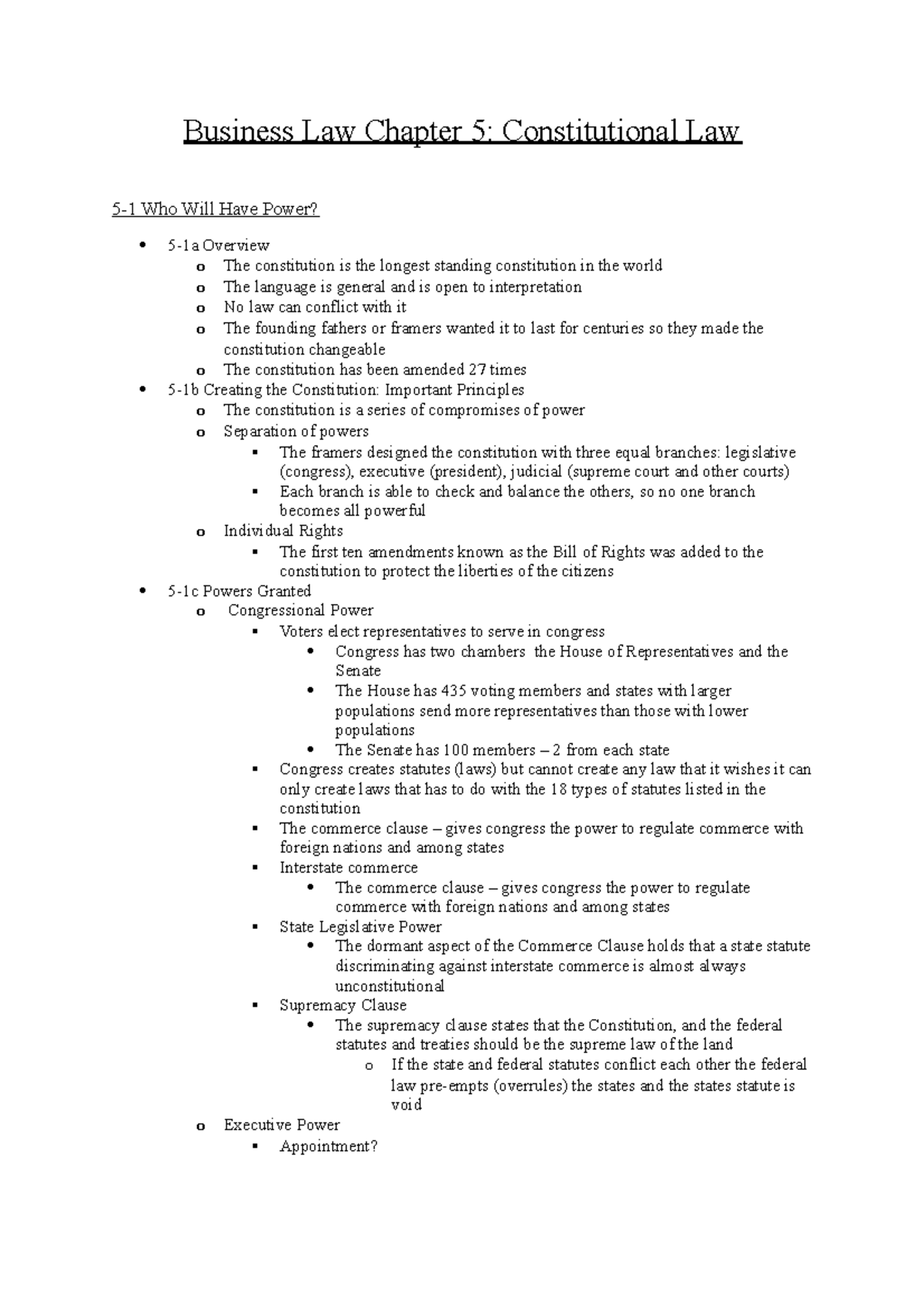 Business Law Chapter 5 Constitutional Law - The president is also ...