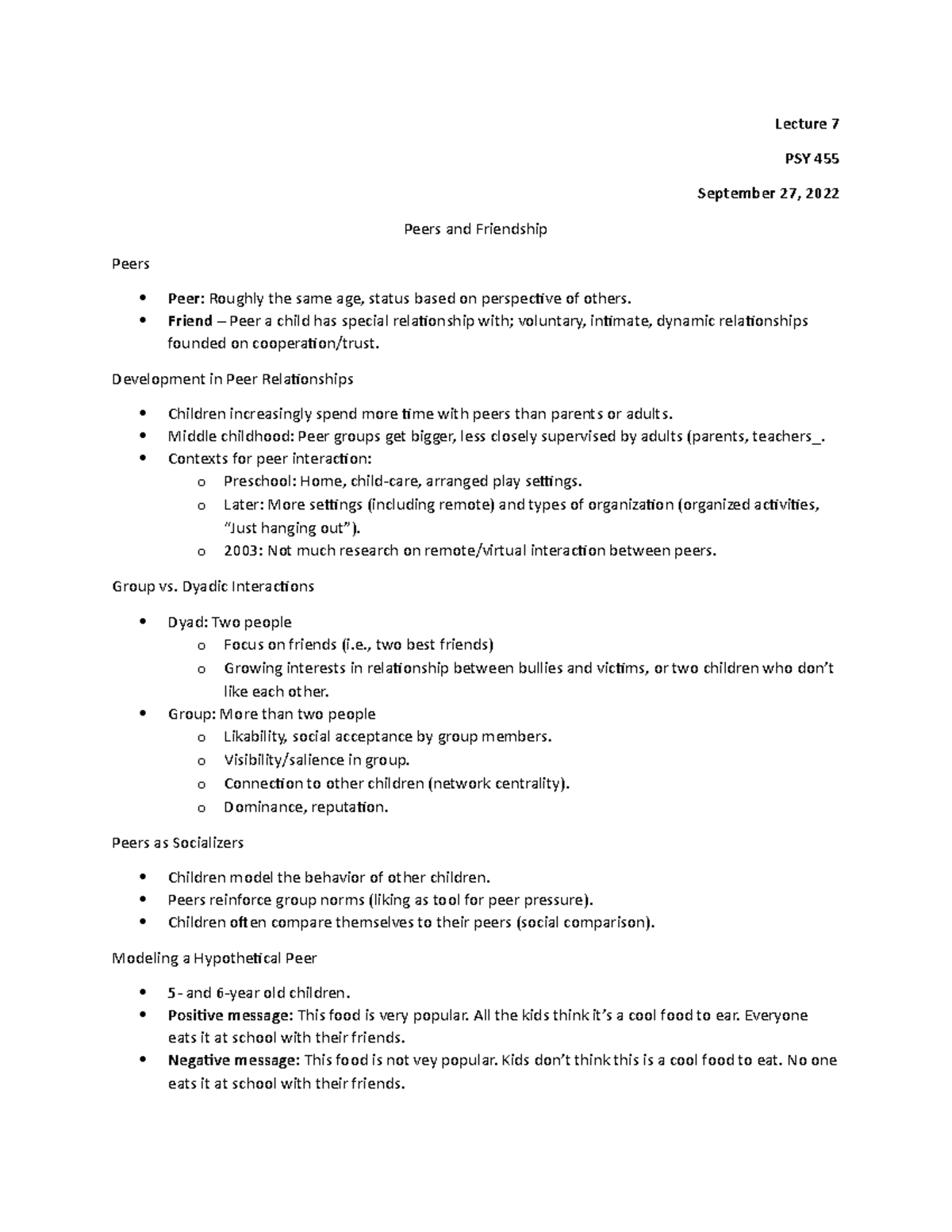 Peers and Friendship Lecture notes from the professor's slides