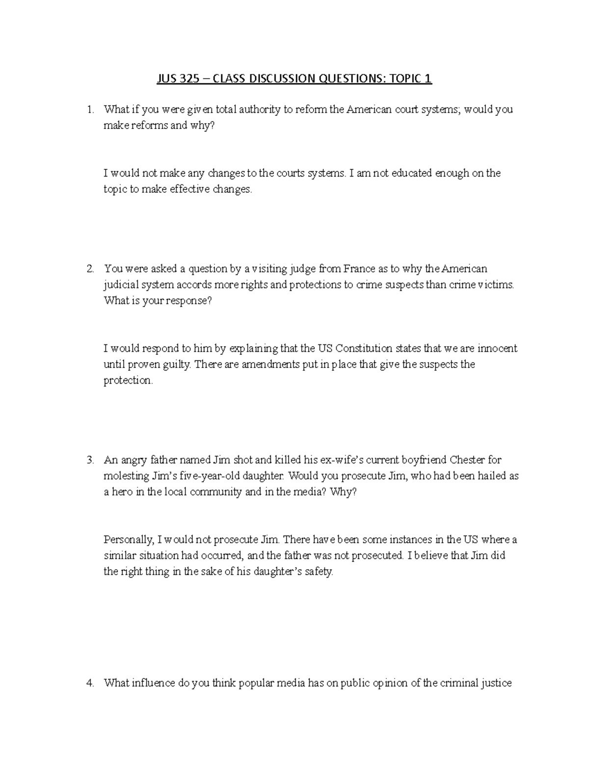 Week 1 DQ - dq for week 1 - JUS 325 – CLASS DISCUSSION QUESTIONS: TOPIC ...