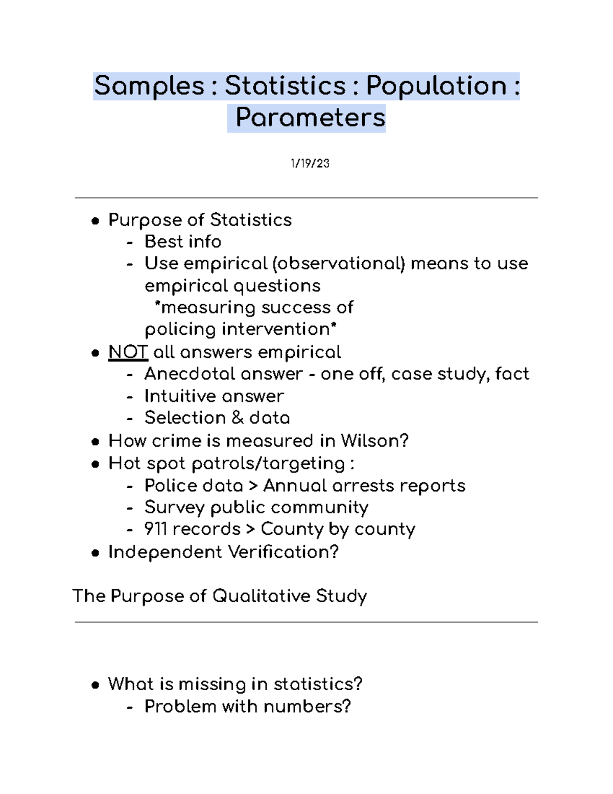 CCJ 225 Week 1 Notes - Samples : Statistics : Population : Parameters 1 ...